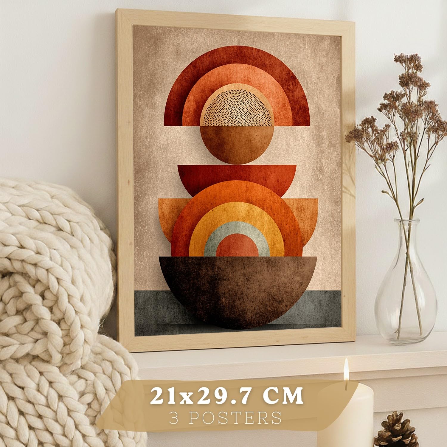 Nacnic Lot De 3 Affiches Formes Abstraites – Décoration Moderne Rouge Orange, Salon Chambre Cuisine Salle De Bain A3 Cadre En Bois Léger