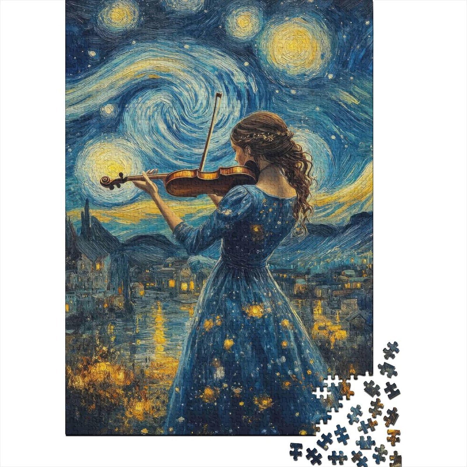 starry night violin 1000 piece jigsaw puzzle paperboard for adults home decor stress relief activity creative gift idea — image 1