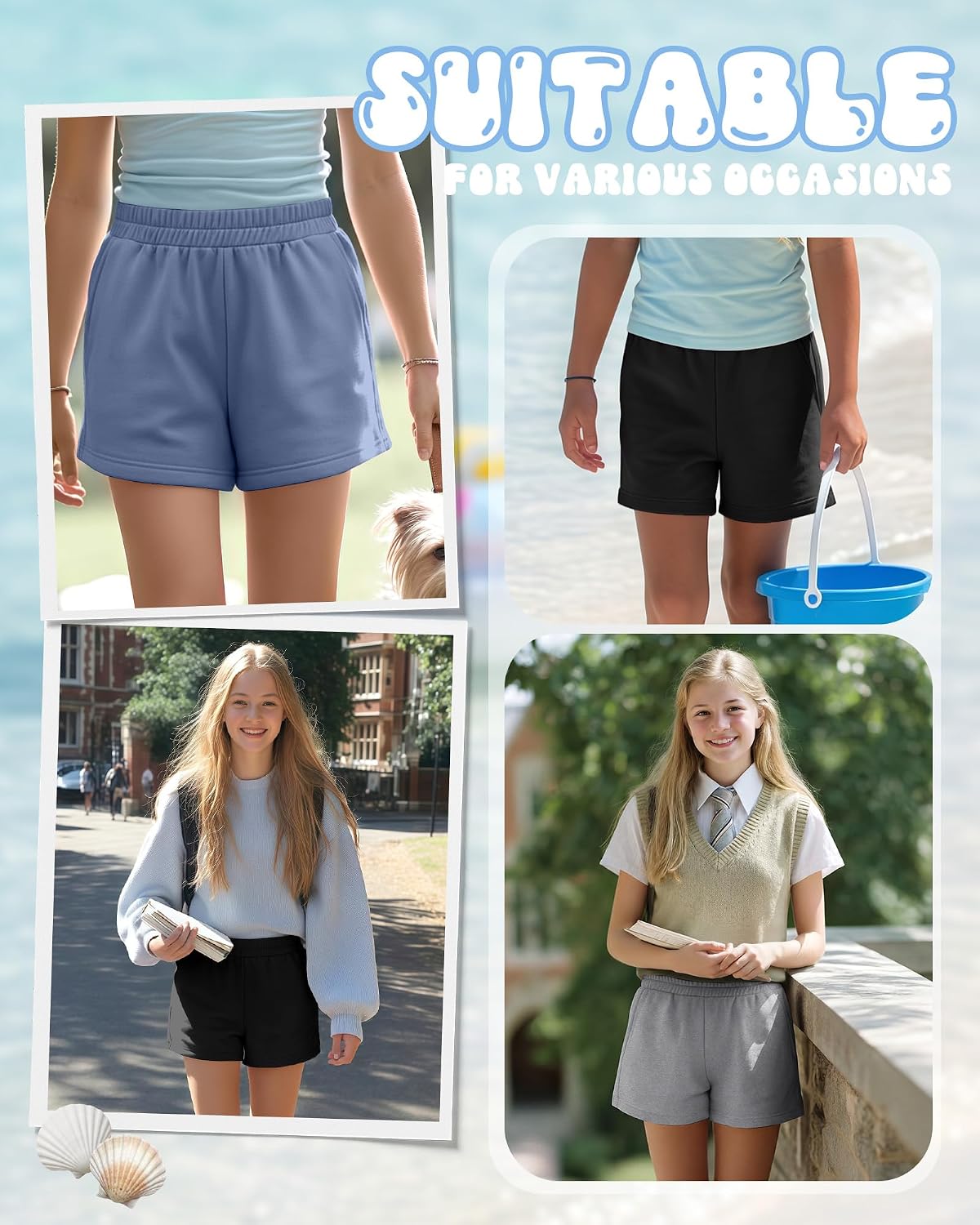 3 Pack Girls Shorts Kids Athletic Summer SweatShorts Casual Teen Cute Loose Elastic Waist Clothes with Pockets
