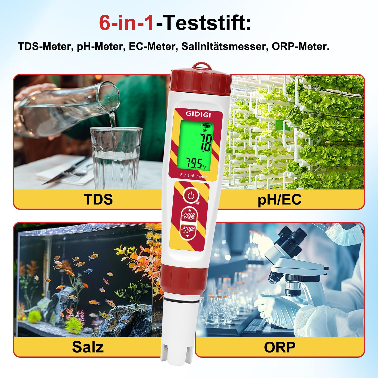 6-in-1 Digitaler Wasserqualitätstester für Pools und Hydrokulturen, pH/ORP/TDS/EC/Salzgehalt/Temperatur mit ORP-Kalibrierlösung, für Aquarien, Trinkwasser, Brauen