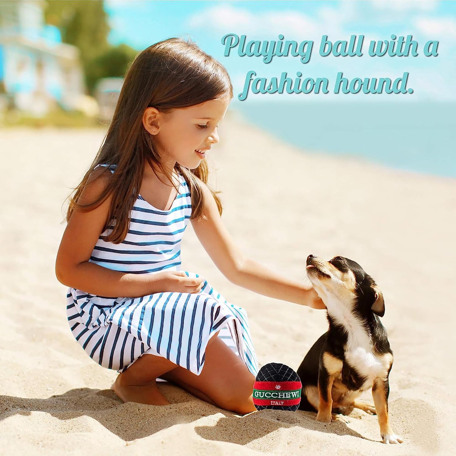 Dog Diggin Designs Gucchewi Collection – Set of 2 Unique, Squeaky, Parody Plush Toys That Includes a Gucchewi Bone and a Gucchewi Ball