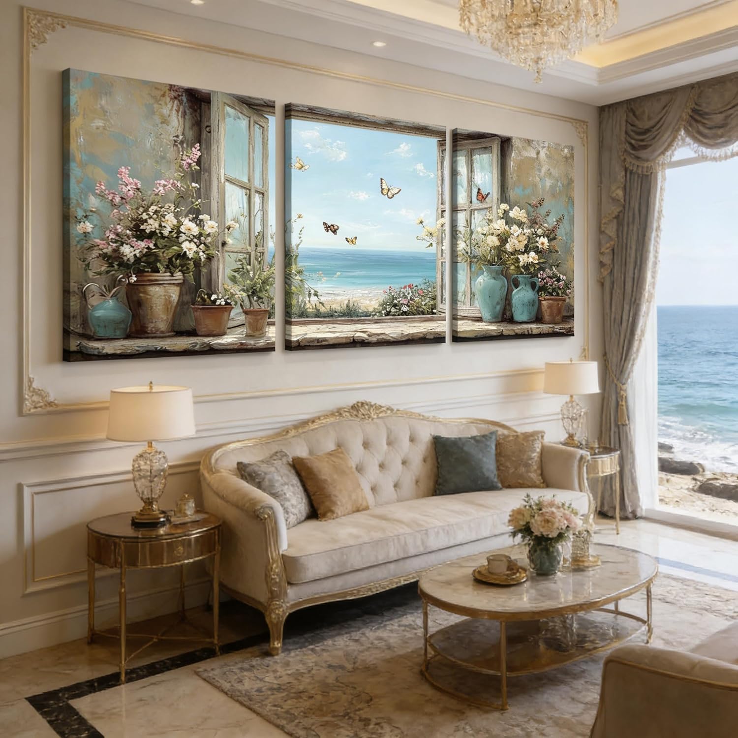 3Pcs 3D Texture Ocean View Window Floral Canvas Wall Art Beach Butterfly Seascape Painting Picture Wall Decor Blue Coastal Window View Poster Print Artwork for Livingroom Bathroom Home Decoration