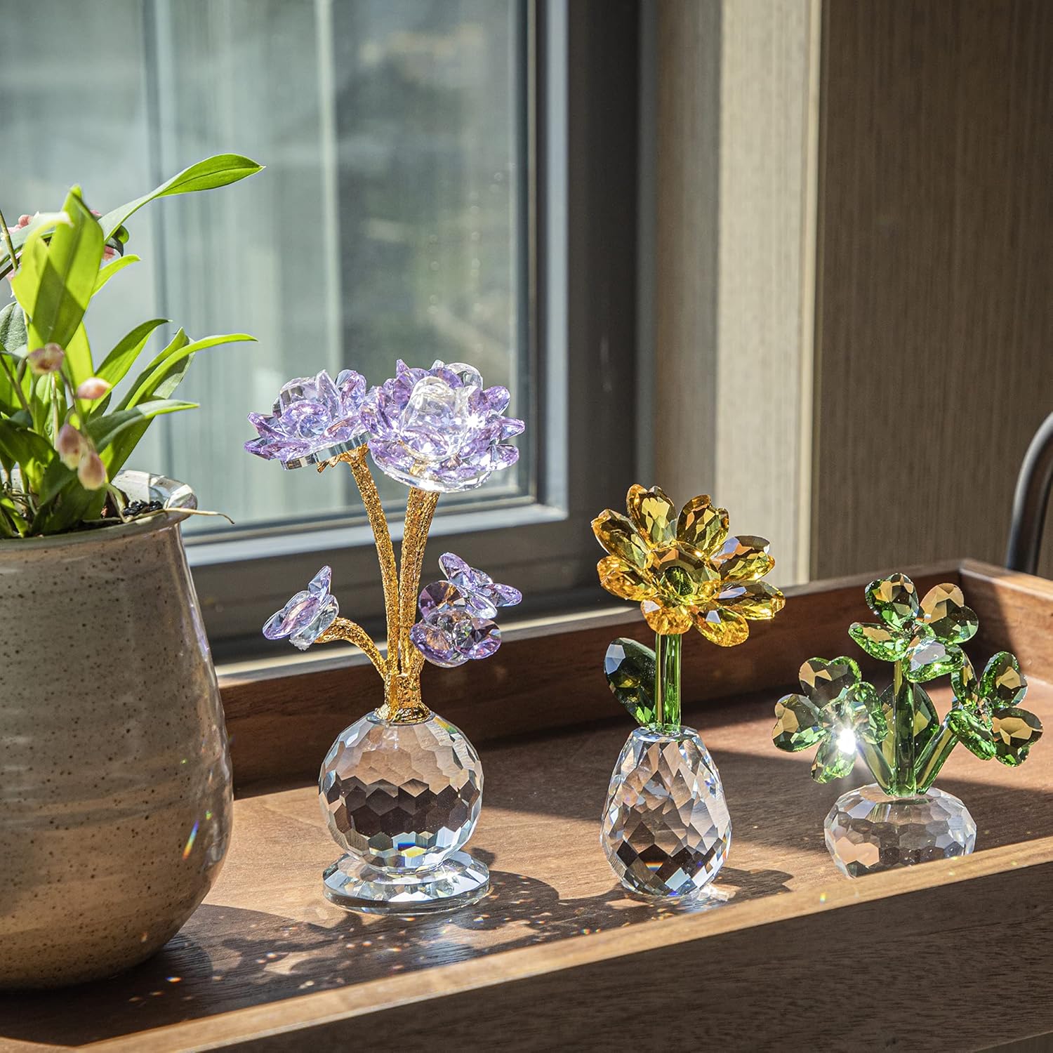 QFkris Purple Crystal Rose Flower Figurine Collectible Statue 6" Glass Flowers with Stems Ornament Home Decor for Valentines Day Thanksgiving,Christmas,Wedding,Mothers Day,Centerpiece,Gift for Women - Image 8