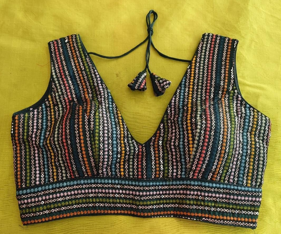 Pujia Mills Women's Sleeveless Sabyasachi Pattern V Neck Embroidery Work With Sequence Indian Ethnic Wear Readymade Saree Blouse For Lehenga Choli (Dark Green, 40)