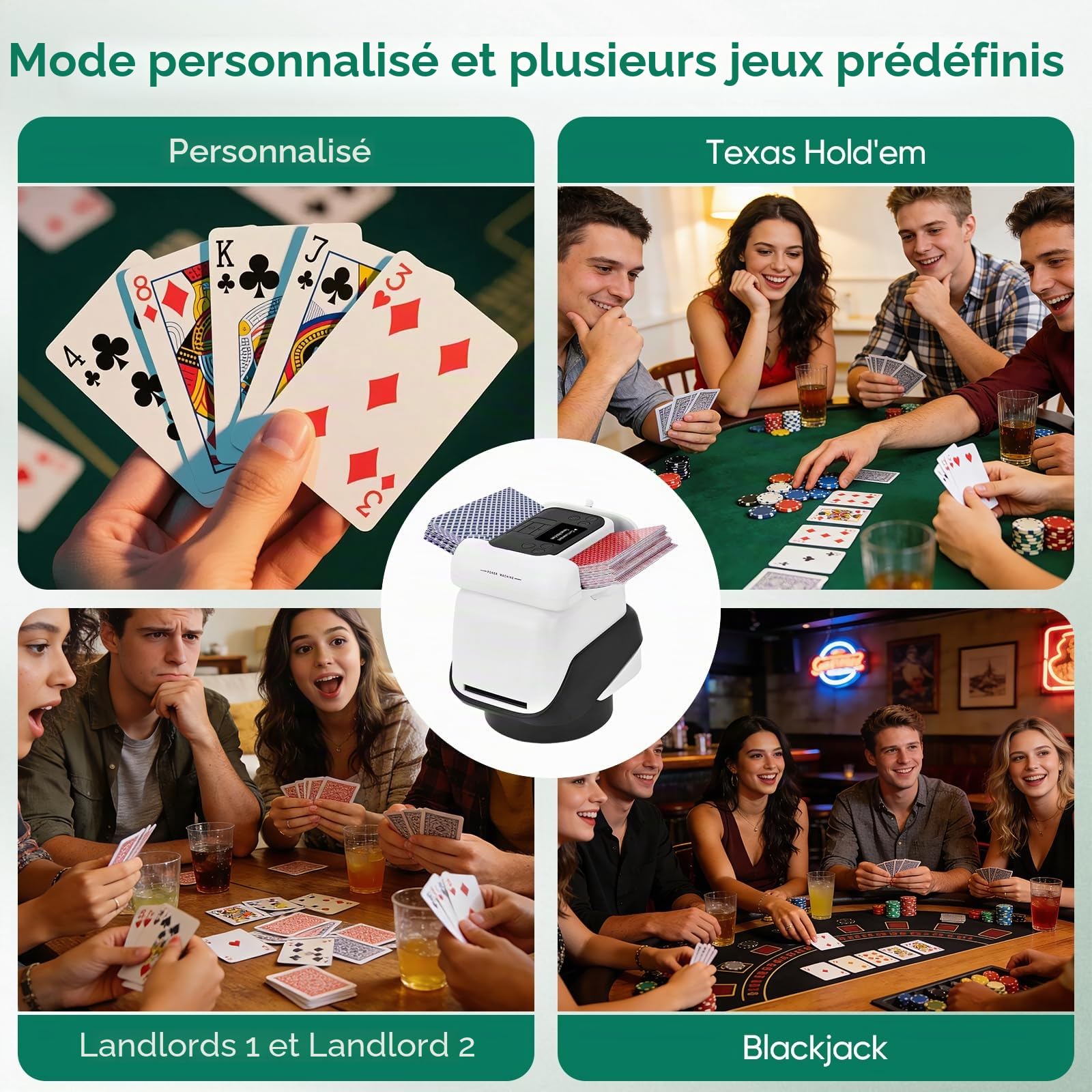 Mélangeur de cartes avec distribution, rotation à 360° pour 1 à 4 jeux, mélangeur et distributeur automatique de cartes Pour 2 à 8 joueurs, avec 4 télécommandes, rechargeable, silencieux pour le poker