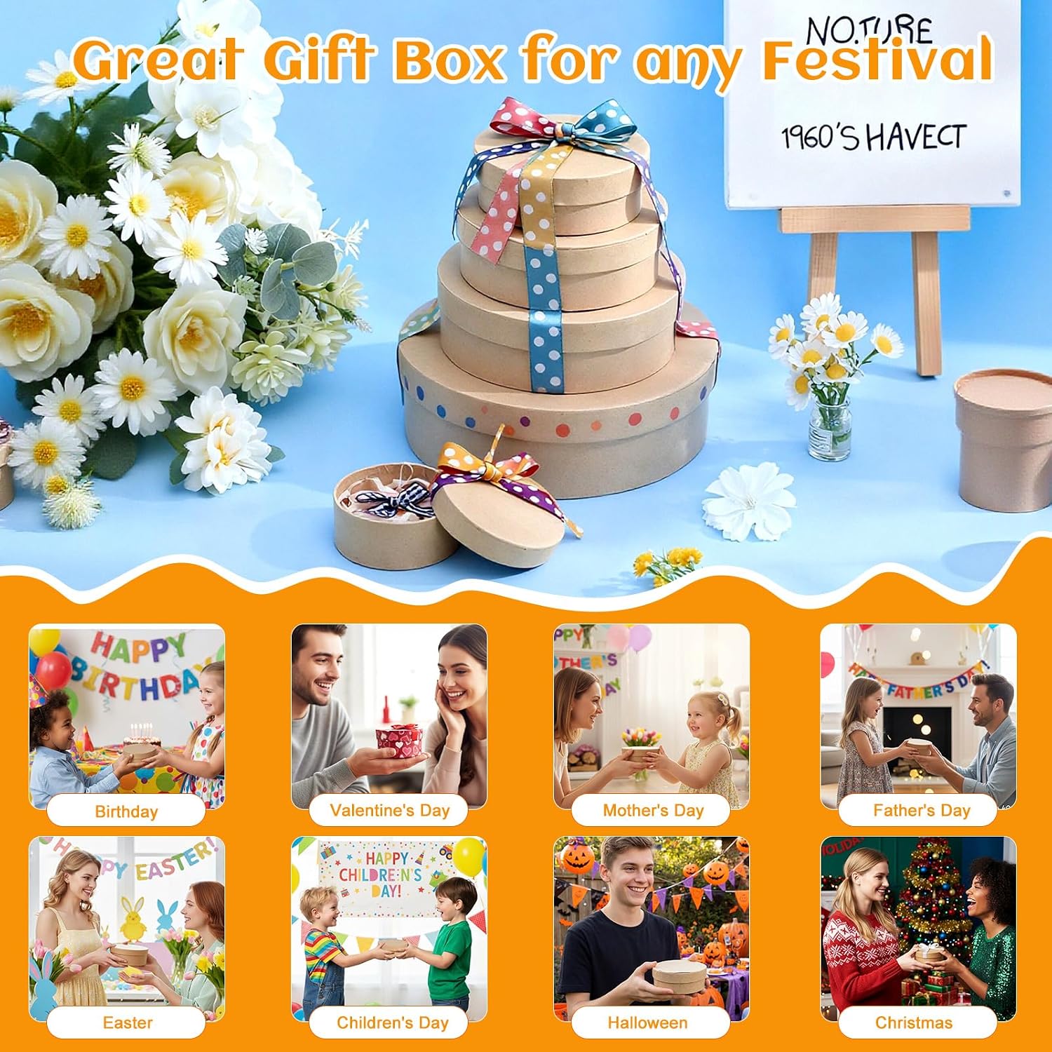 TEHAUX Gift Boxes, 5pcs Round Nesting Paper Mache Boxes with Lids, Assorted Sizes for Craft, Candies, Cookies, Biscuits, Small Items, Wedding Decorations
