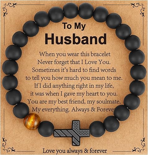 Gifts for Dad New Dad Stepdad Husband, American Flag Cross Beads Bracelet Jewelry Gifts for Father Men from Daughter Son Wife