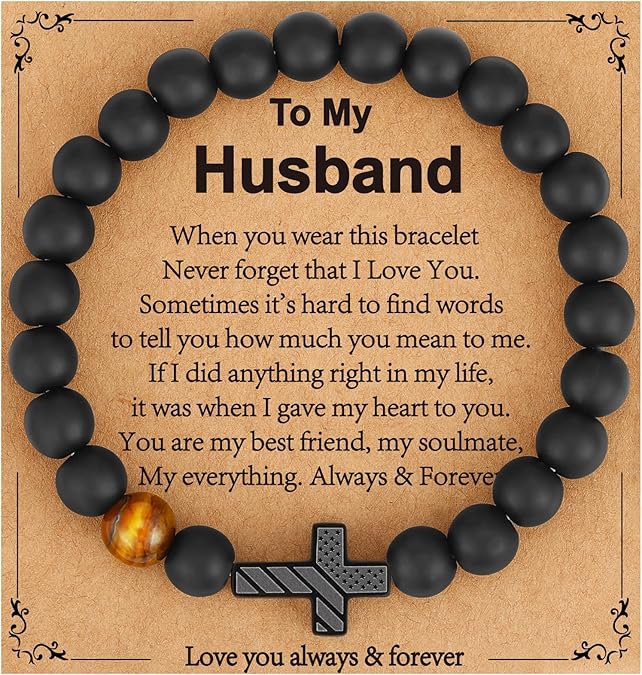 Gifts for Dad New Dad Stepdad Husband, American Flag Cross Beads Bracelet Jewelry Gifts for Father Men from Daughter Son Wife