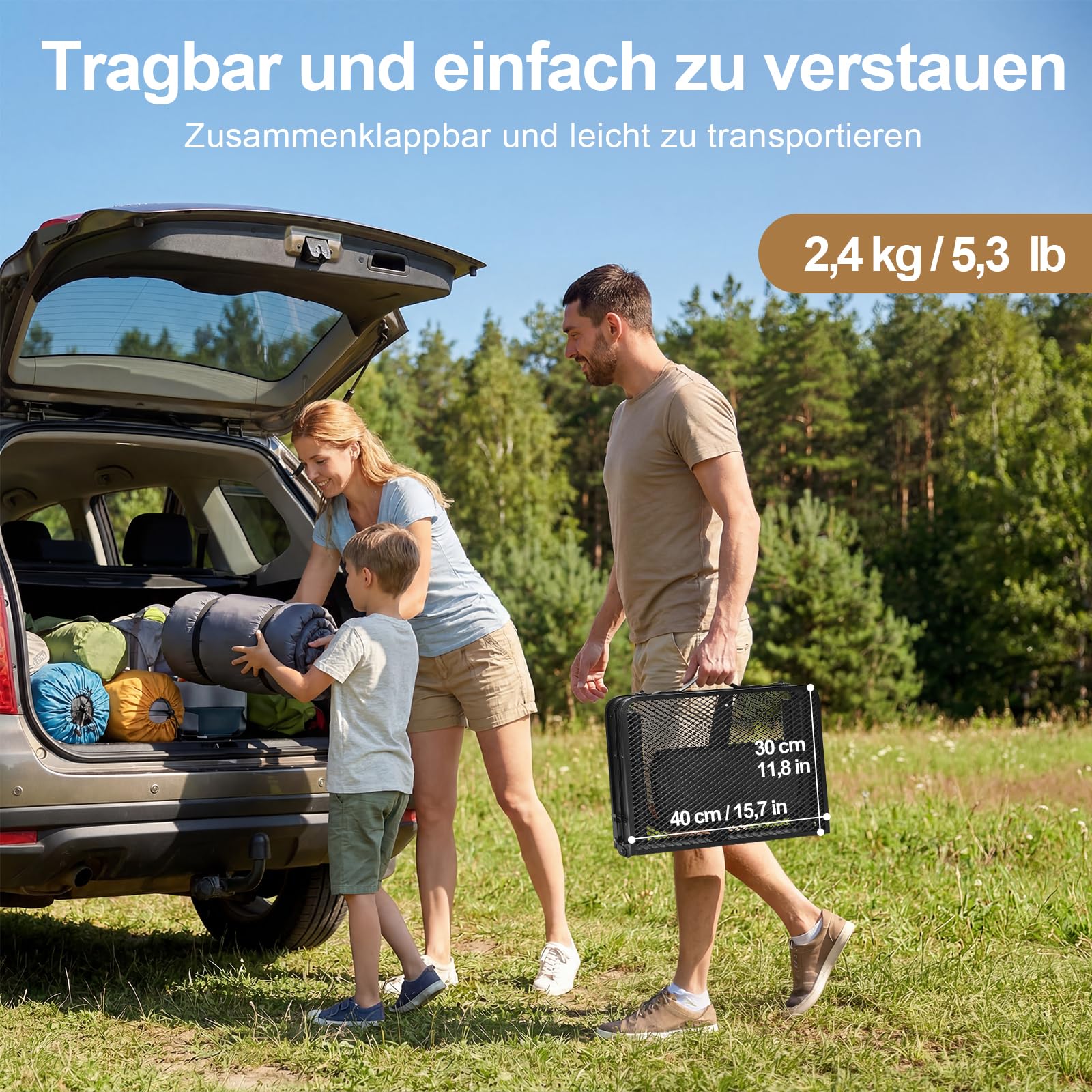 Campingtisch klappbar 60 x 40 cm, Grilltisch klappbar höhenverstellbar 26/47/65 cm, leichter Metalltisch 2,4 kg mit Gitterplatte, Camping Tisch bis 30 kg für BBQ, Picknick, Garten, Balkon