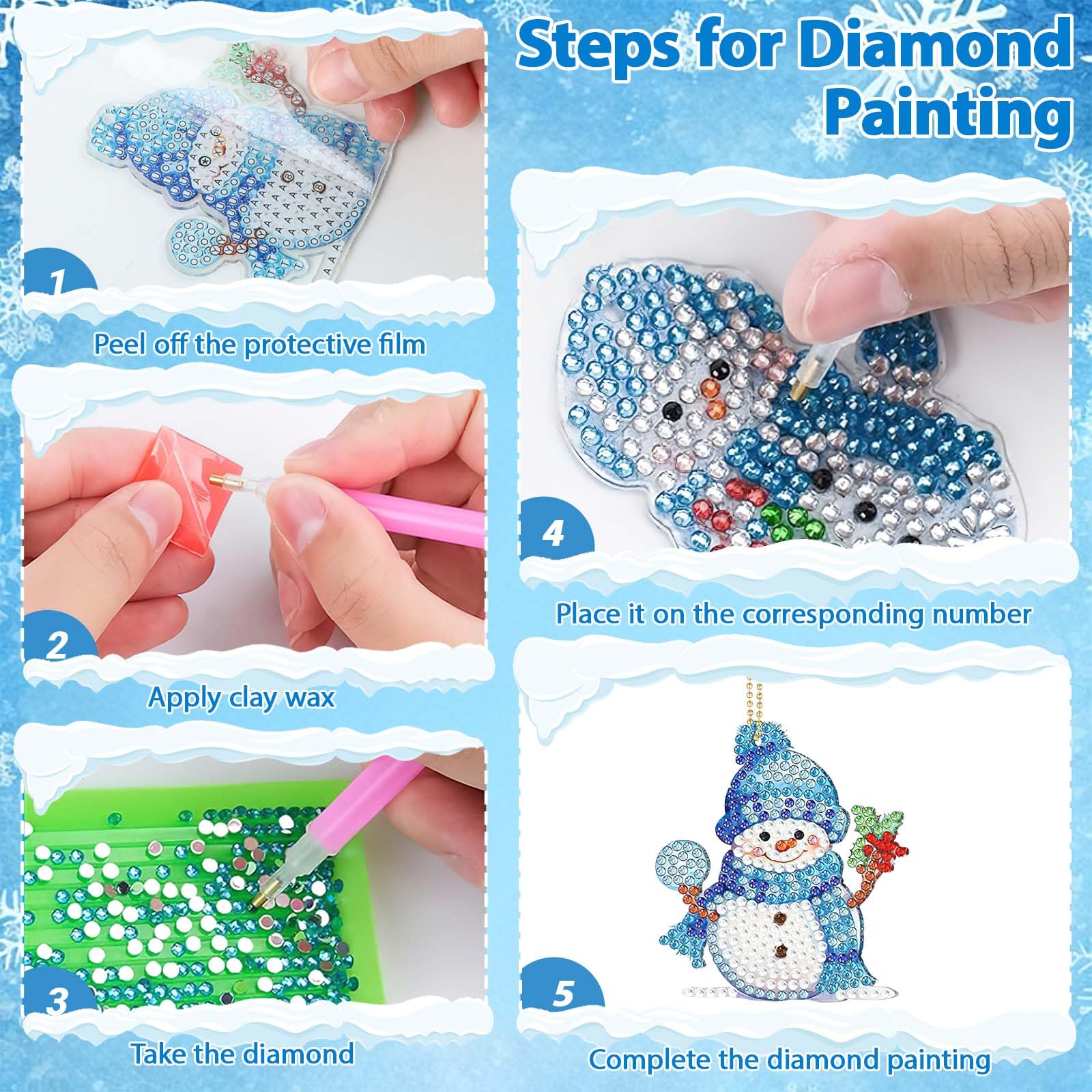 LYLIDIA Kit 12 Pezzi Portachiavi Con Pittura Diamanti Fiocco Di Neve, 5D Fai Da Te Double Face, Ciondolo Natalizio Con Strass, Regalo Creativo - 3
