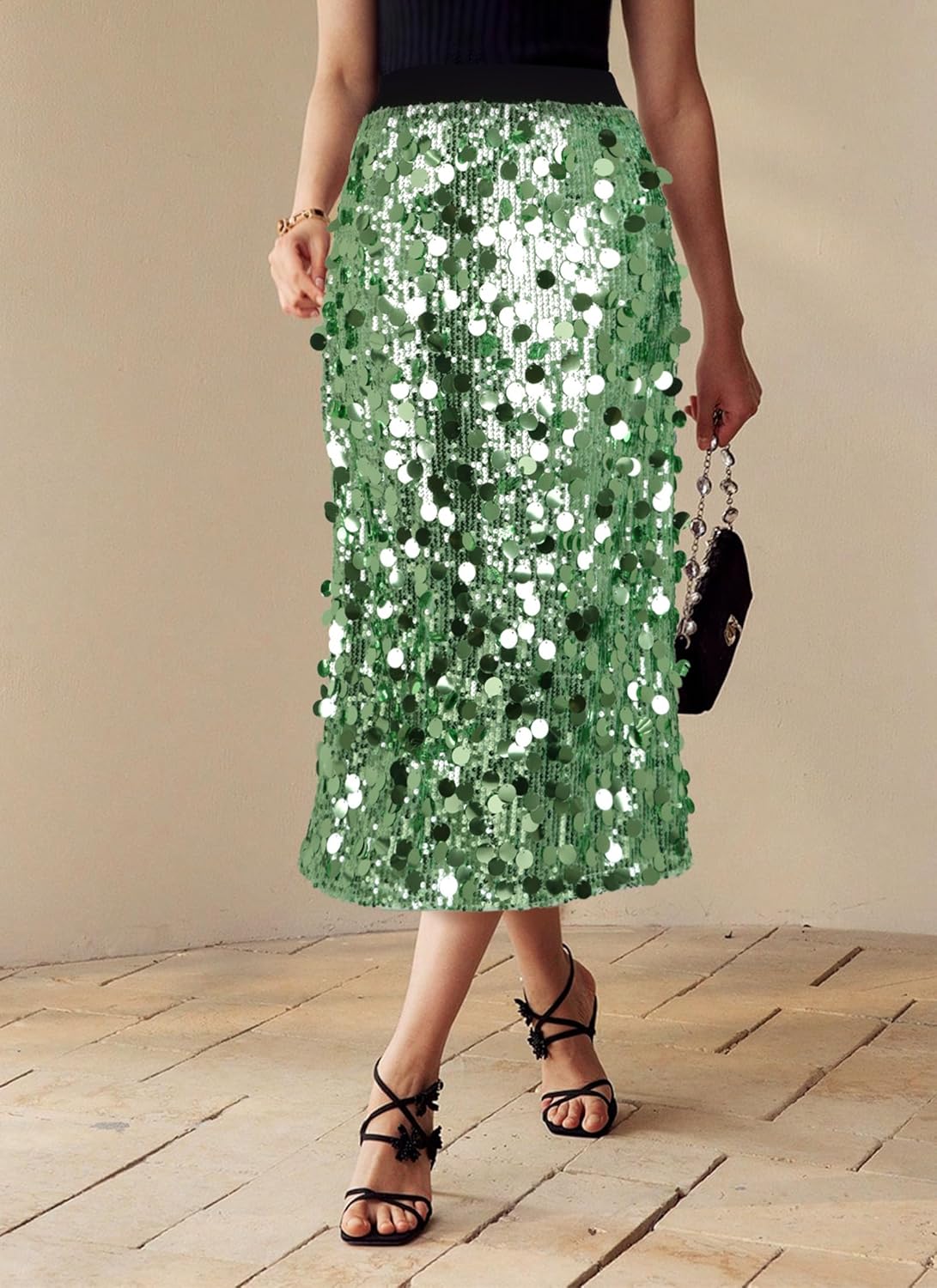 Womens Sequin Skirt Elastic Waist High Waist A line Sparkly Shiny Midi Concerts Night Out Club Party Skirts - Image 5