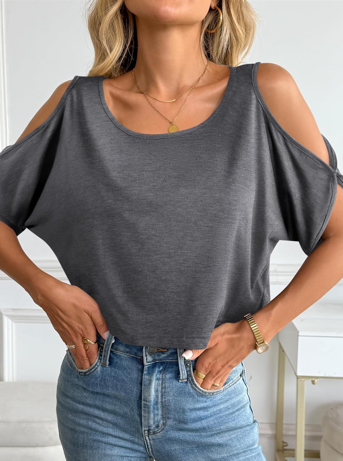 Hilinker Women Cut Out Crop Tops Sexy Going Out Tees Summer Cold Shoulder T Shirt - Image 5