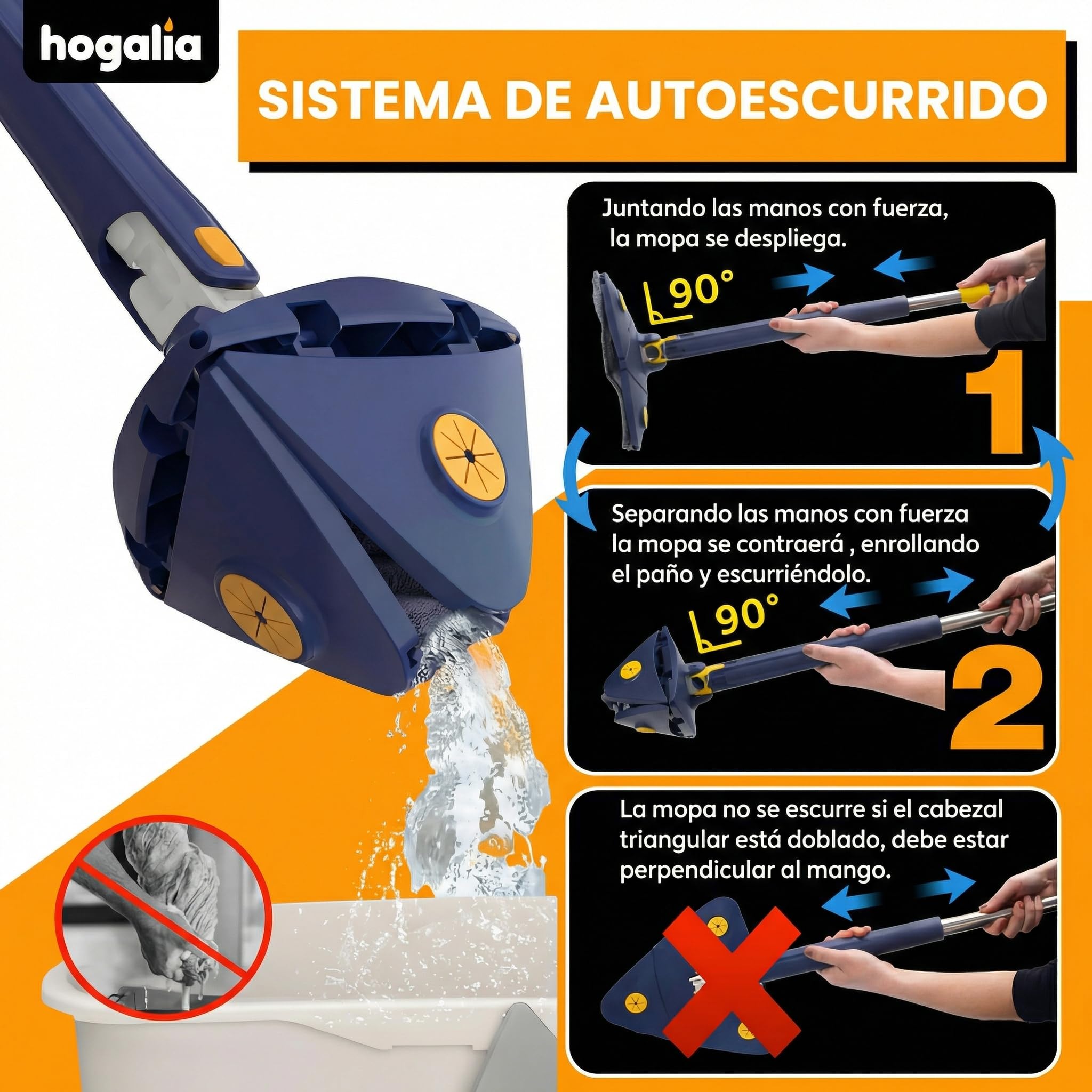 Mopa Triangular Giratoria 360 Autoescurrible de Microfibra, Mopa para Limpiar Azulejos y Paredes, Colgador, 6 Recambios, Manual y Trucos. Fregona Autoescurrible, Suelos, Techos y Ventanas