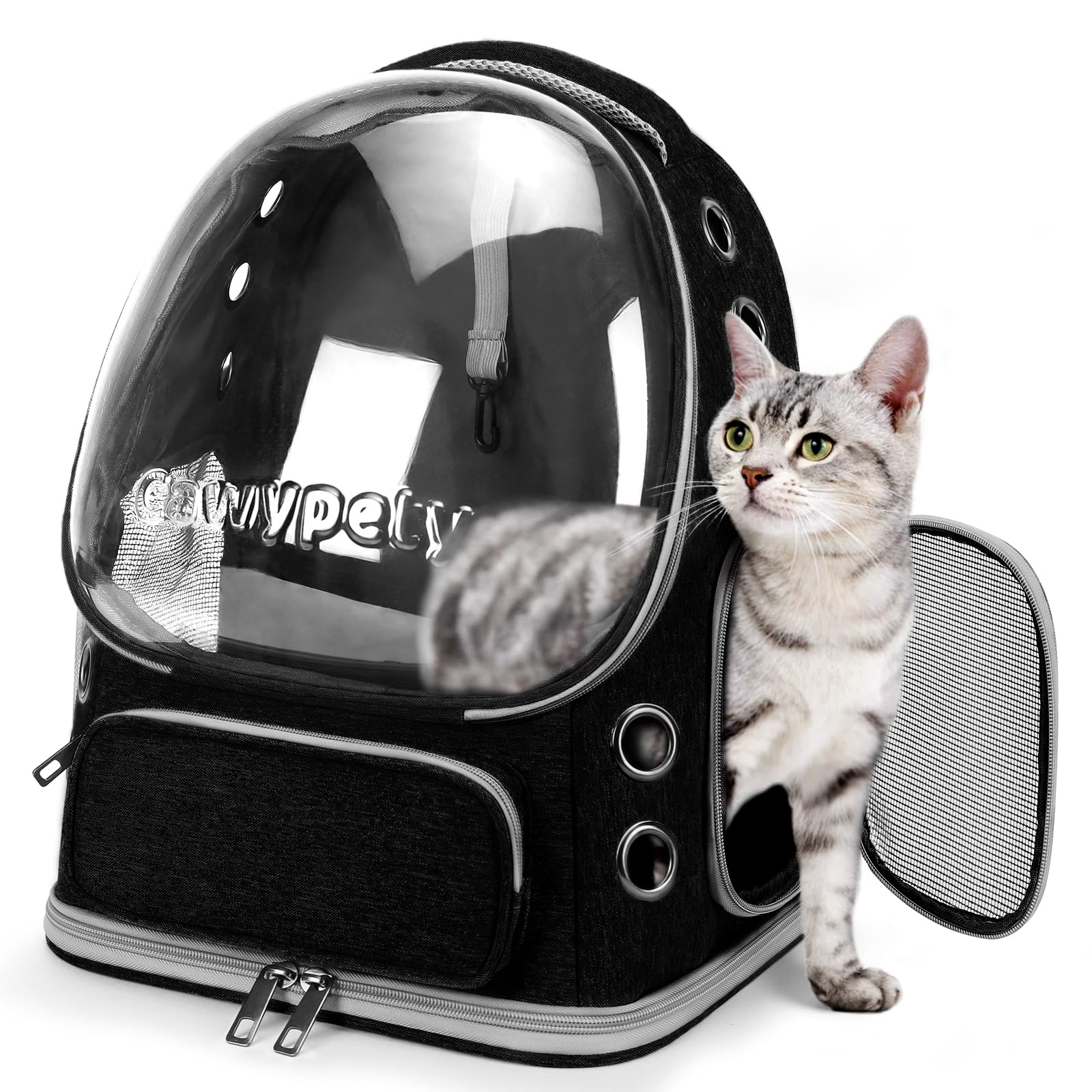 Cawypety Expandable Cat Backpack,Cat Bubble Backpack Carrier for Carrying Cats, Pets and Small Dogs,Airline-Approved,Designed for Travel, Hiking, Walking,Car (Black.)