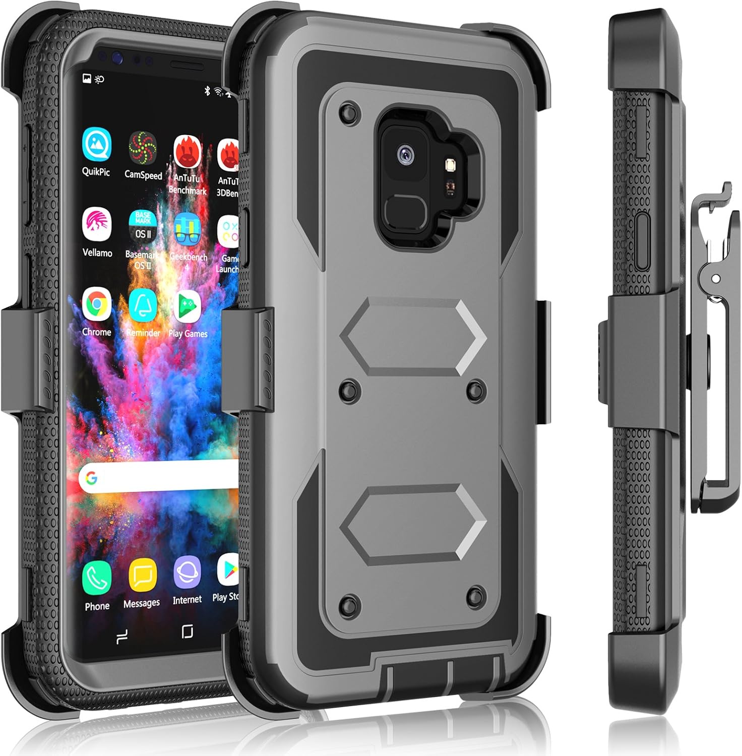 Galaxy S9 Case, Samsung Galaxy S9 Holster Clip, Tekcoo [Tshell] Shock Absorbing [Ash Gray] Secure Swivel Locking Belt Defender Heavy Full Body Kickstand Carrying Tank Armor Cases Cover