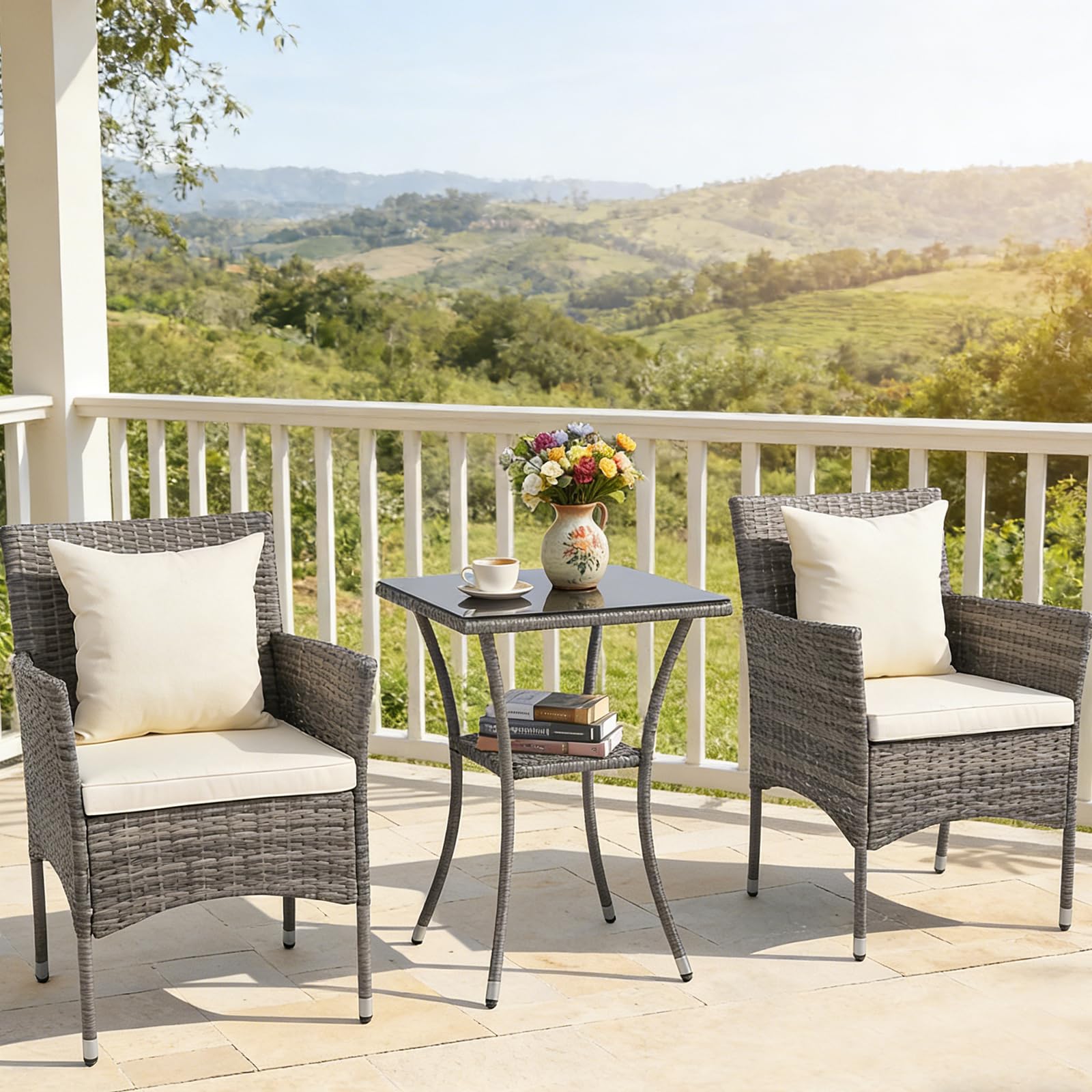 KOMFOTTEU Set Mobili da Giardino in Rattan con Tavolino in Vetro Temperato | 2 Poltrone con Cuscino Portata 180kg, ideali per completare il tuo set da giardino in rattan