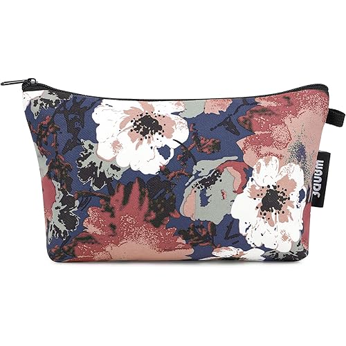 WANDF Cosmetic Bag for Women Makeup bag Organizer Mini Makeup Pouch for Purse Water Resistant Girls Gift (Blue Flower)