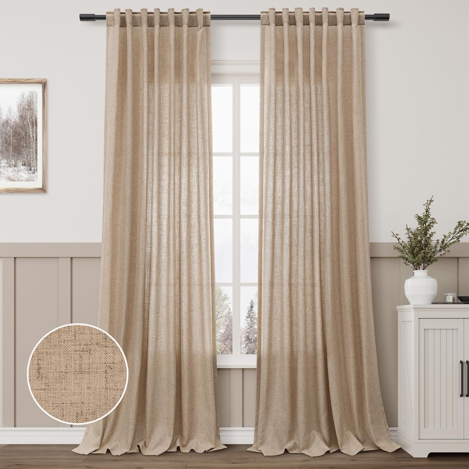 Linen Blend Taupe Curtains 96 inches Long 2 Panels Set Back Tab Semi Sheer Light