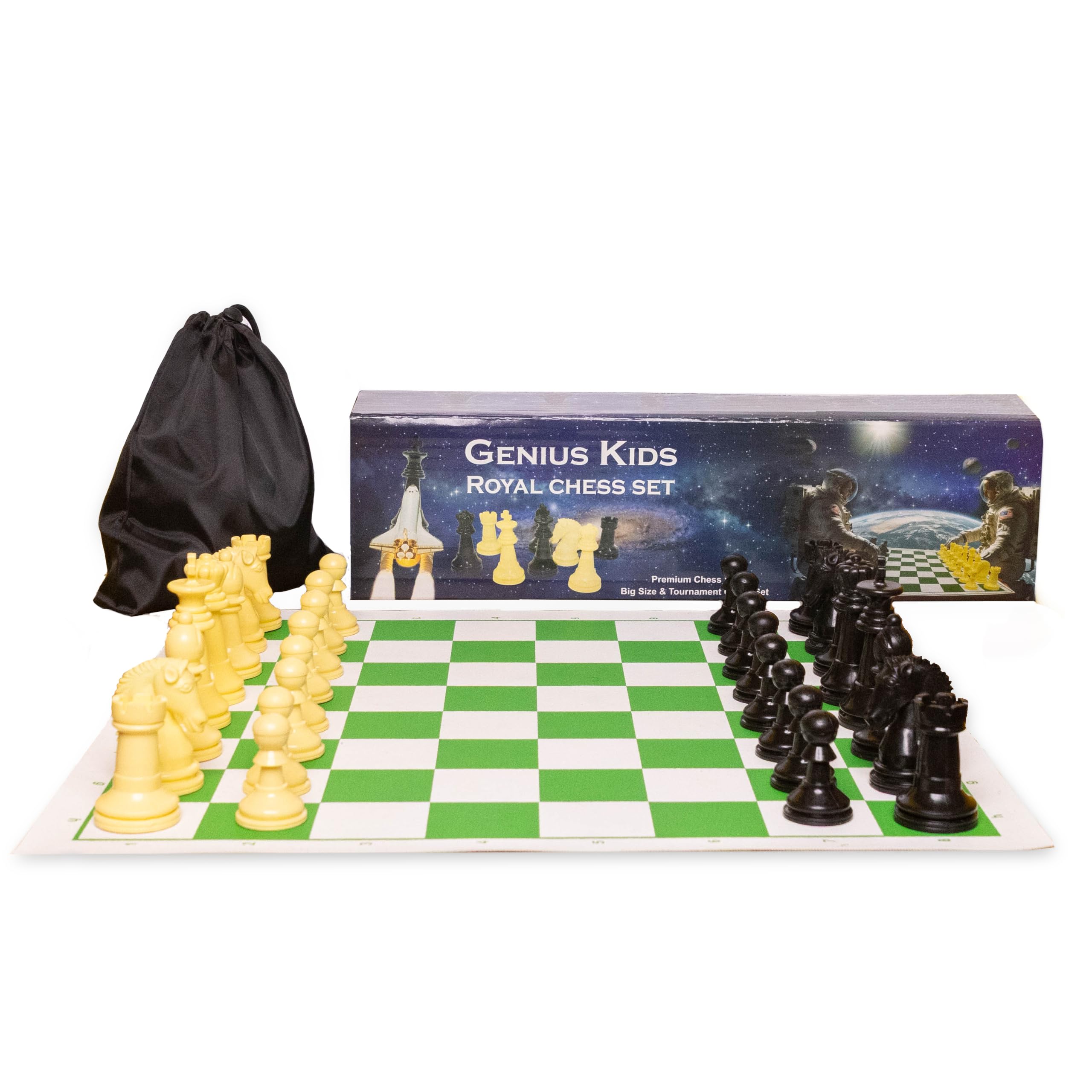 ChessVo Tournament Chess Set | 18x 18inch Mat |4X Weighted Chess Pieces with Steel Bottom Velvet Base | 1.5Kg Premium Chessmen |Big Size | Roll-Up Green Vinyl Board |100% Virgin Plastic |Carry Pouch