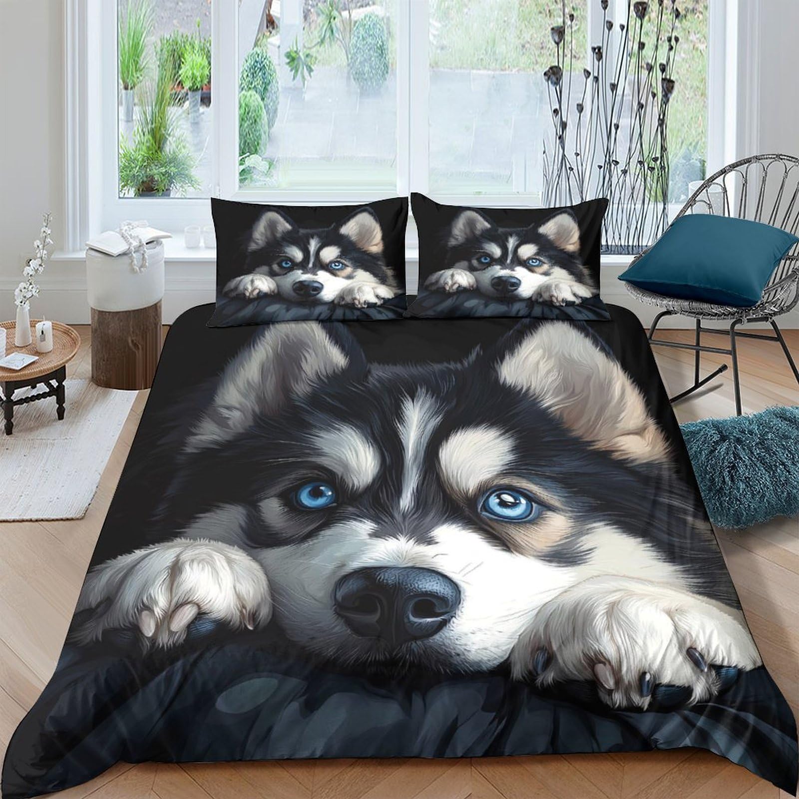 Ctjqhvkz Style-8 3D Printed Husky Dog Fitted Sheet Microfiber Soft Black White Puppy Bed Cover For Bedroom Dorm Mattress Protection Decor Single（135X200cm）