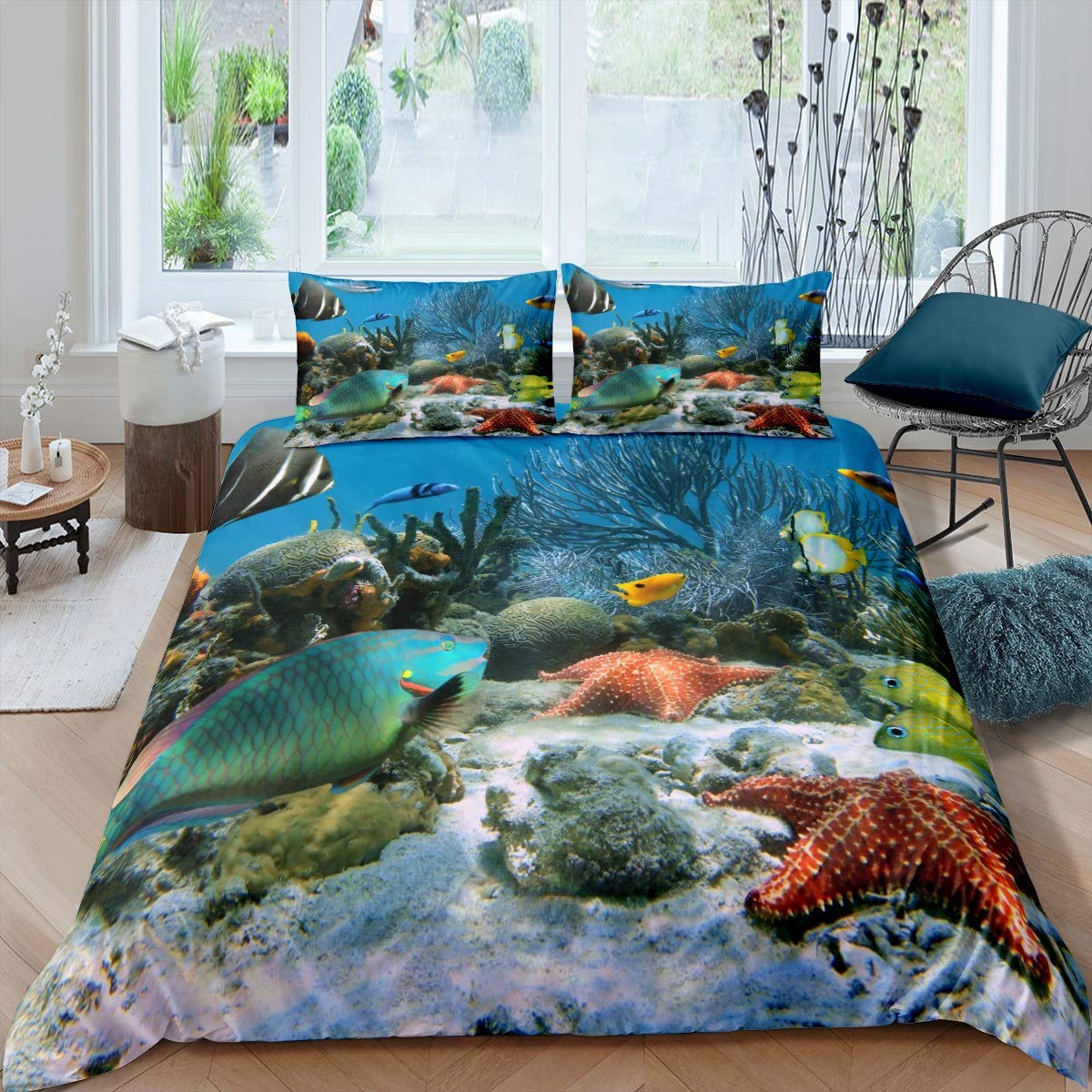 Loussiesd Ocean Duvet Cover Tropical Fish Starfish Bedding Set Sea Nautical Marine Life Comforter Cover for Kids Boys Girls Underwater World Bedspread Cover Bedroom Collection 3Pcs Double Size