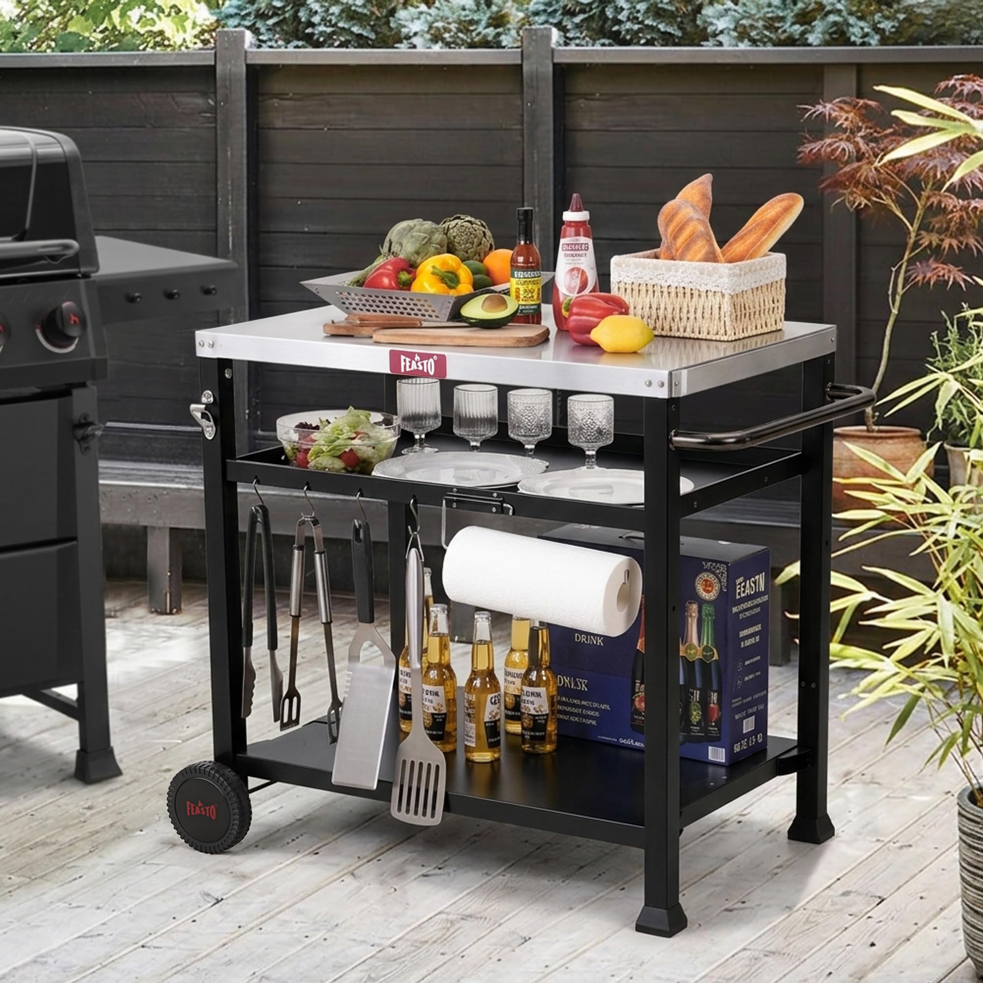 FEASTO Beweglicher Tisch für Lebensmittelzubereitung Edelstahl-Tischplatte L 99,5 x B 65,6 x H 83 cm