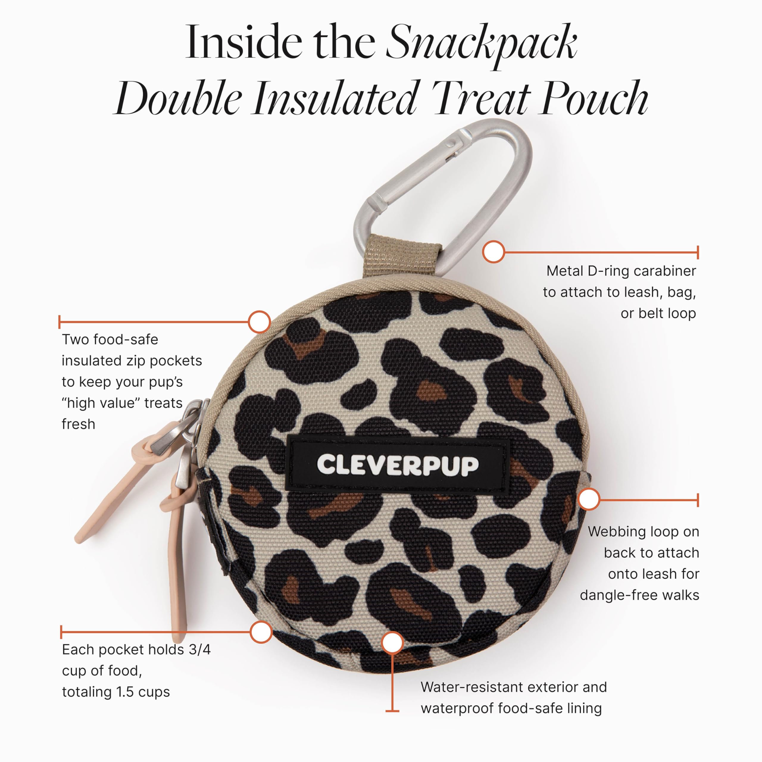 Cleverpup, Snackpack Pochette à friandises à double isolation pour chien – Peut contenir 1,5 tasse – Sac à goûter de dressage et de promenade avec deux poches pour friandises sèches ou humides, se