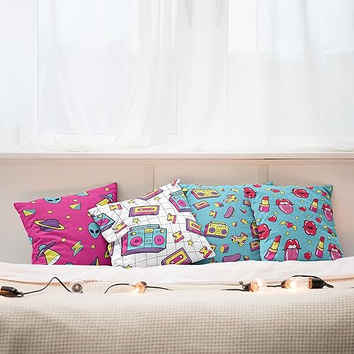 Miniatura 4 de Ambesonne Paquete de 4 fundas de cojín de arte pop Art con forma de pernos de labios, monopatines, casetes retro y radios, cómics con acento