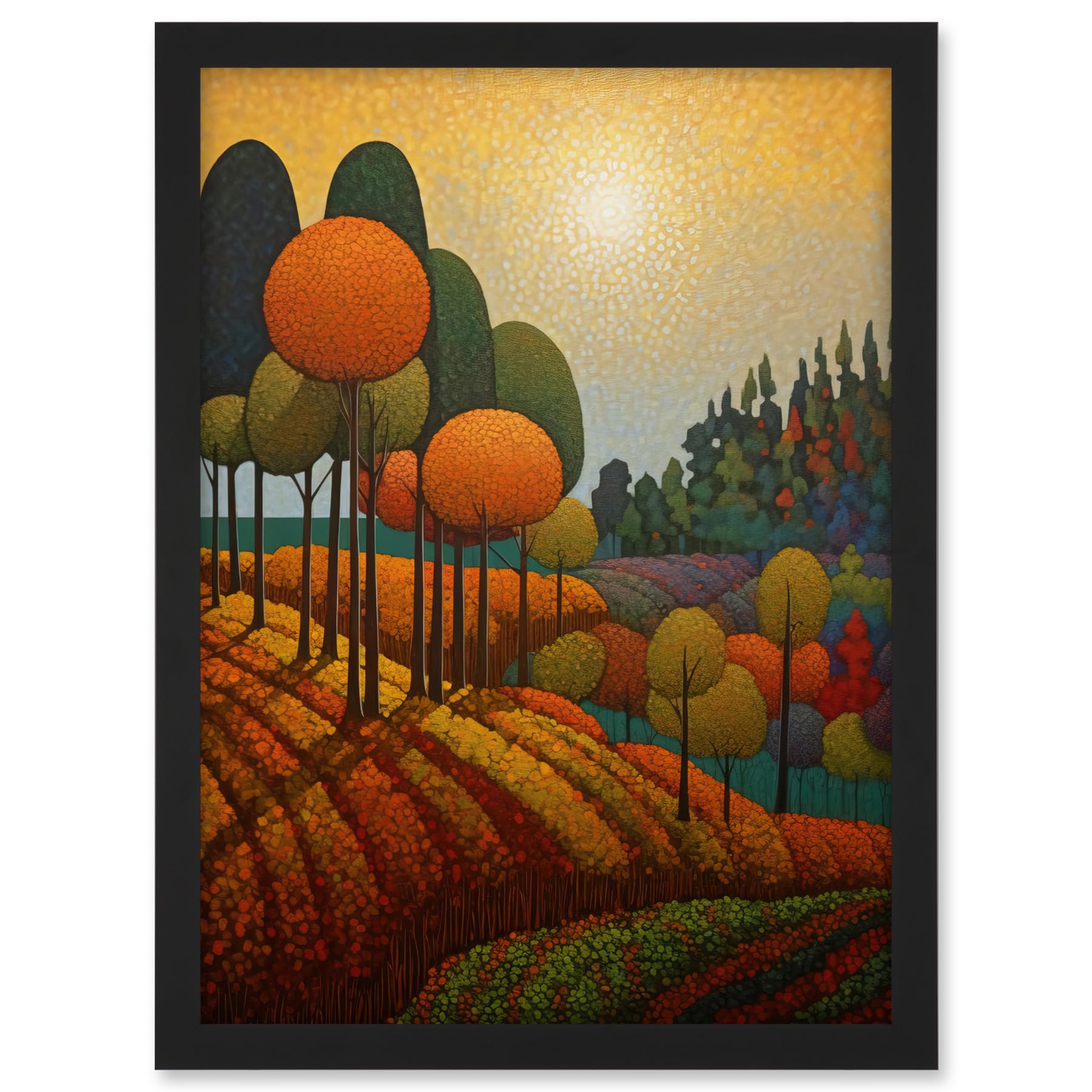 Artery8 Autumn Fields Pointillism Painting Amber Orange Green Countryside Landscape Artwork Framed A3 Wall Art Print