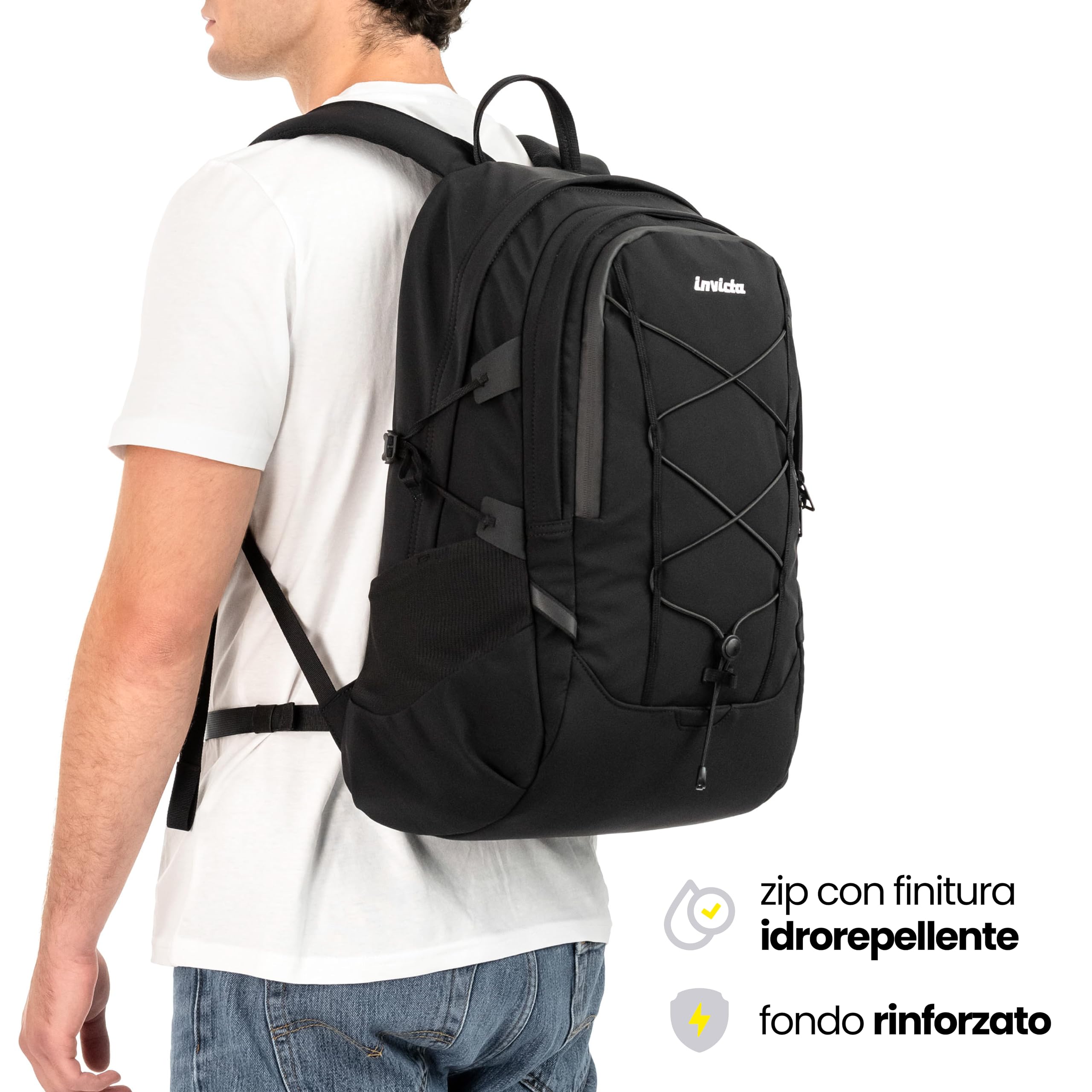 Invicta Zaino Lavoro Act Plus, Nero, Doppio Scomparto Con Tasca PC 14", Tasca Borraccia e Fondo Rinforzato, Zaino Capiente e Versatile da 29 L Per Ufficio e Università, Per Uomo e Donna