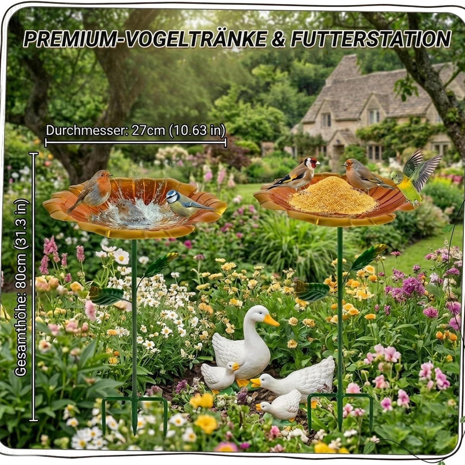 Vogeltränke für den Garten, 2er Set Metall Vogelbad Blume, 27cm Ø Großes Vogelbecken, Frostfest & Wetterfest, Stehende Wassertränke für Wildvögel, Dekorative Blumen Vogeltränke für Garten Hinterhof
