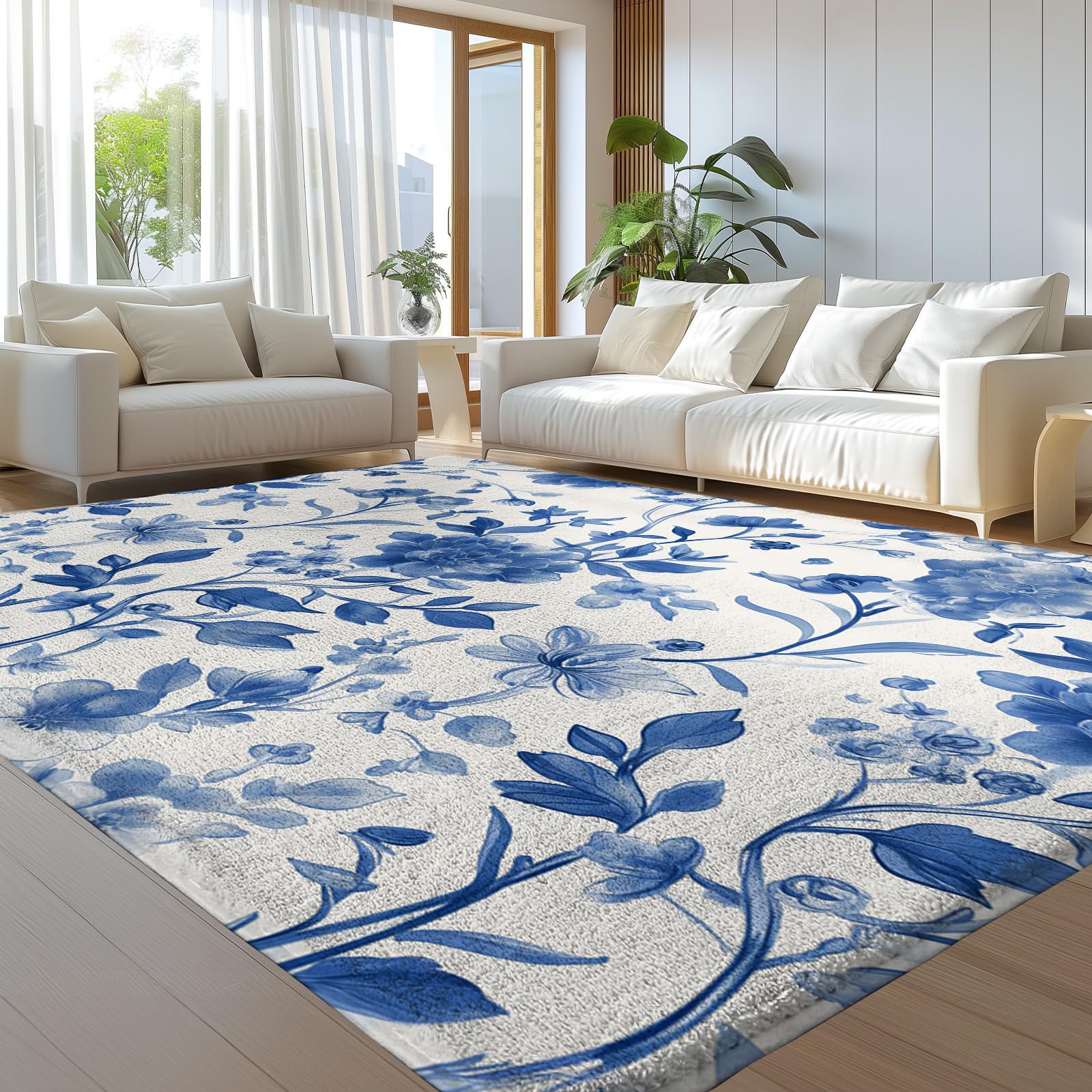 Tapis Lavable et Antidérapant Fleur Bleue : Le Poils Ras Idéal pour Salon