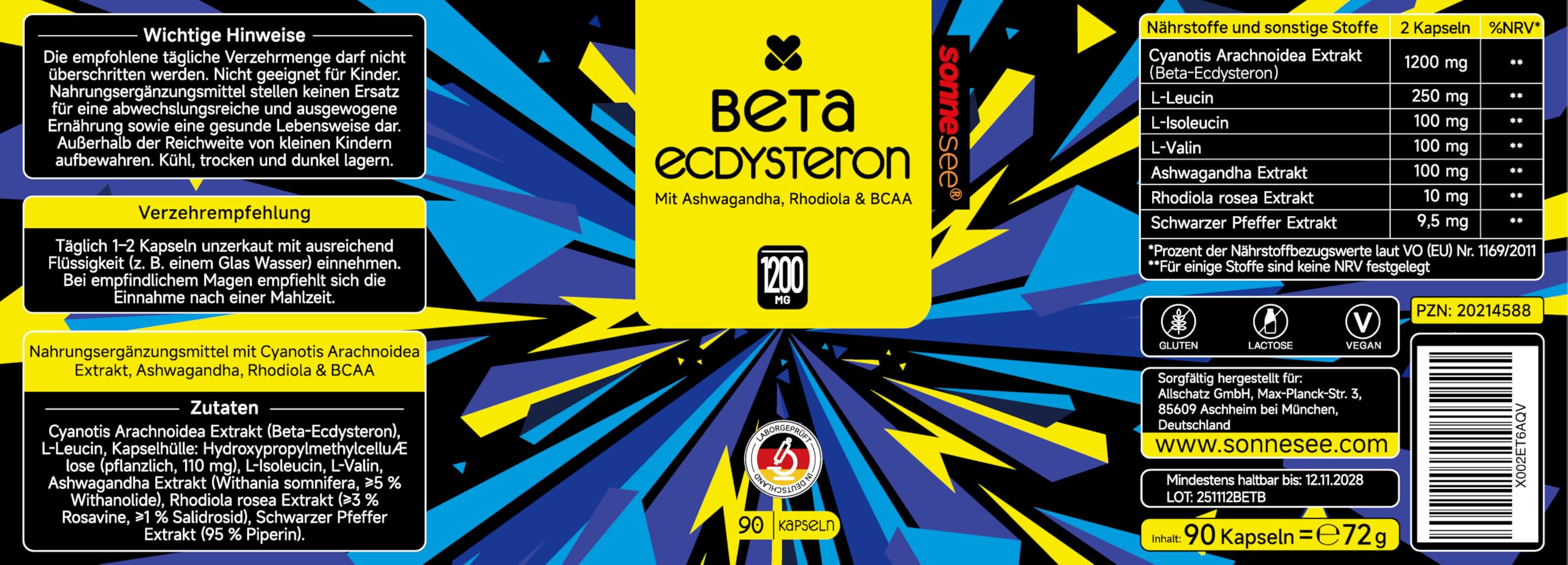 Beta-Ecdysteron-haltiger Pflanzenextrakt 1200 mg – Mit Ashwagandha, Rhodiola & BCAA – 90 Kapseln – Hochdosiert, Vegan, Laborgeprüft
