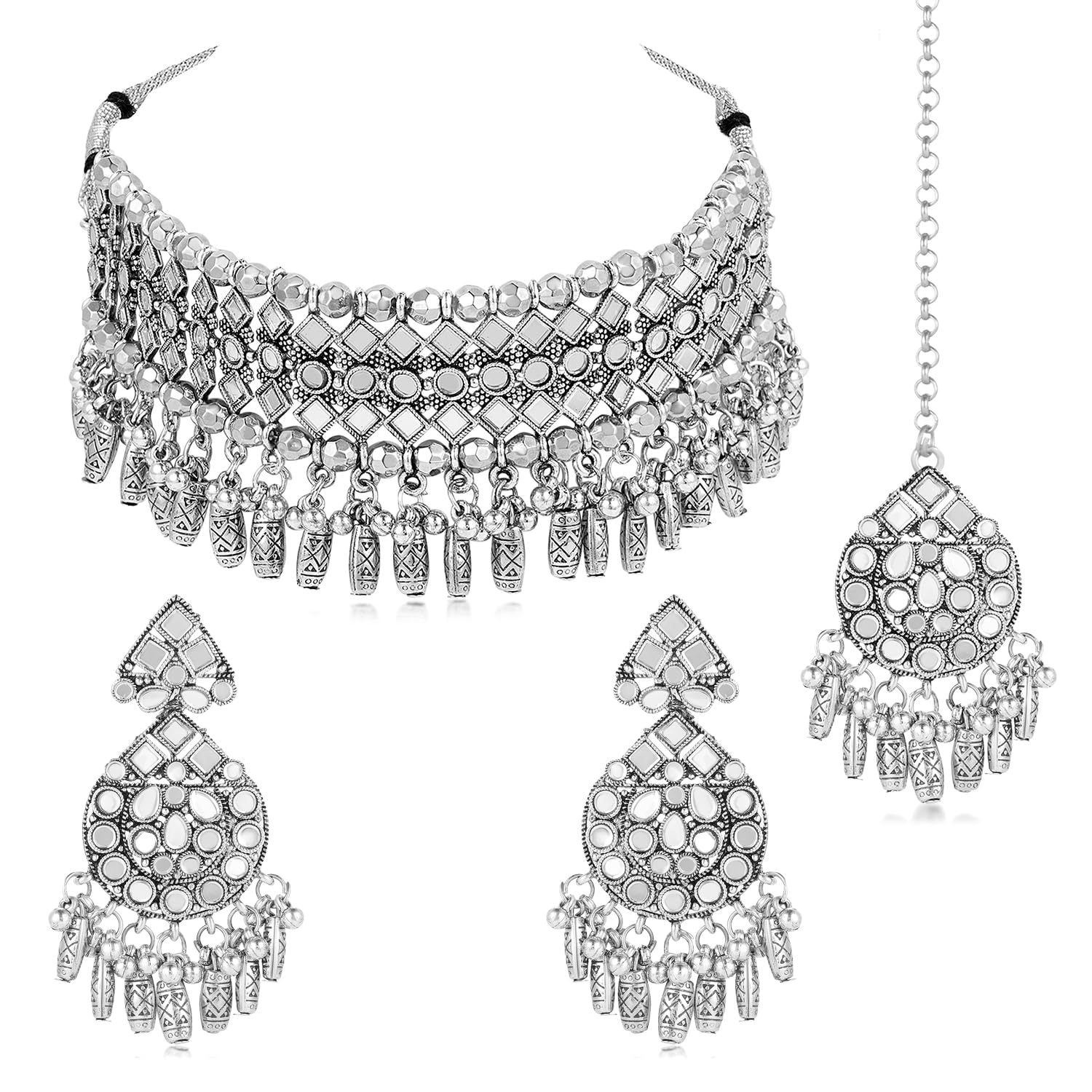 Peora Silver Plated Synthetic Stone Studded Choker Necklace Dangle Earrings & Maangtikka Set Ethnic Jewellery for Women (B0D79C4XPF) Amazon Price History, Amazon Price Tracker