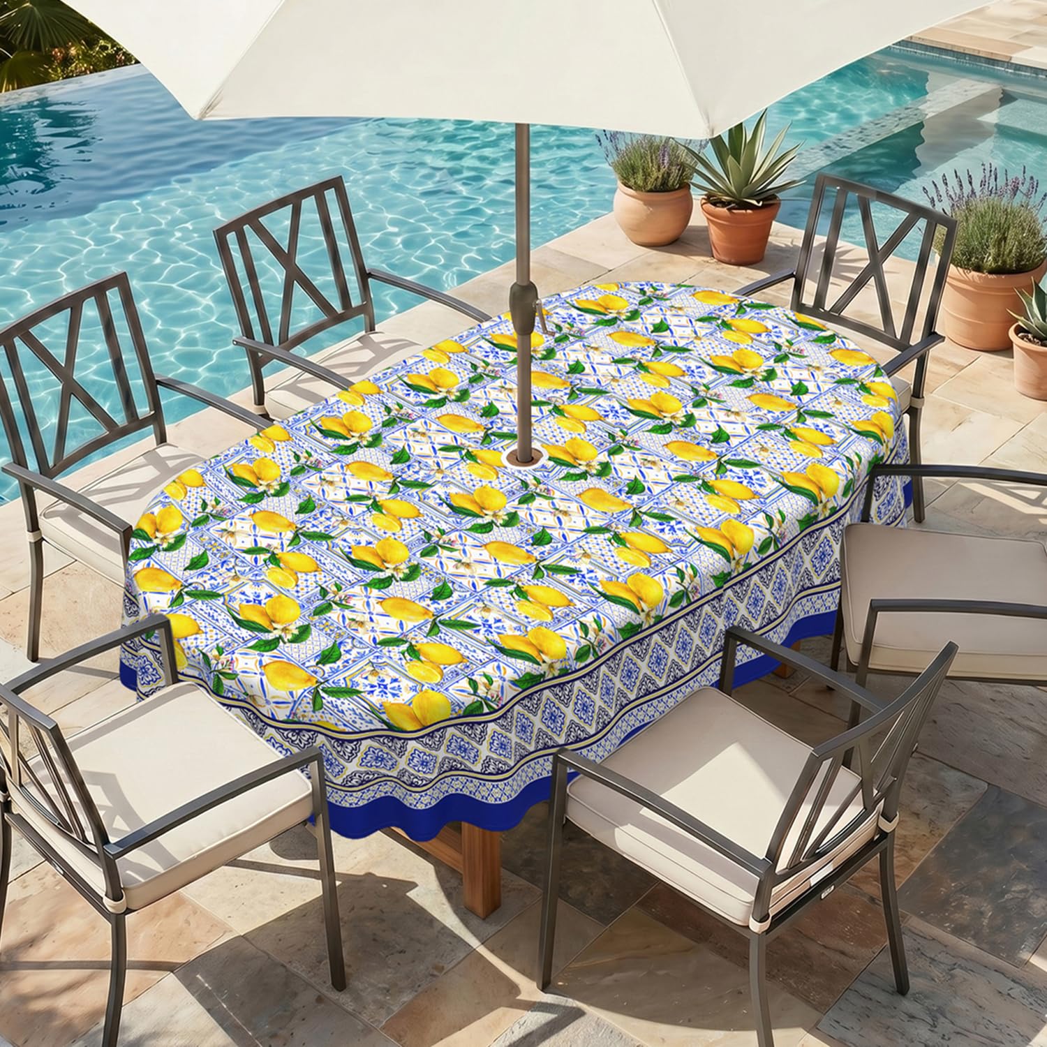 ZORKET Oval Outdoor Tablecloth with Umbrella Hole and Zipper 60x120 Inch, Fabric Waterproof Oval Patio Table Cloth with Umbrella Hole for Spring/Summer/Party/Picnic, Lemon