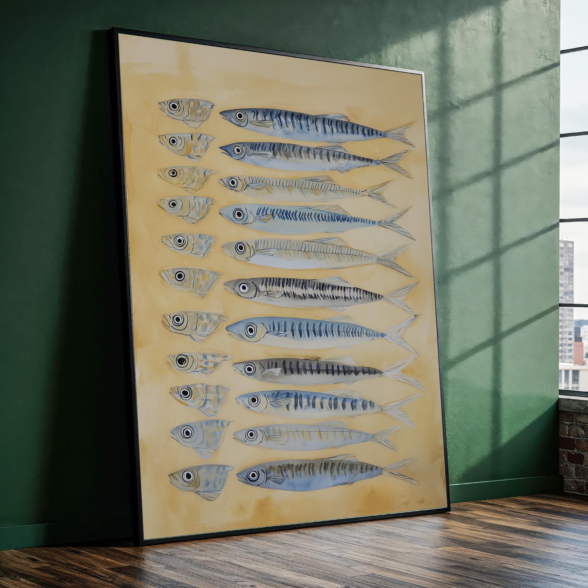 Xinbao Internal Frame Sardine Illustration Canvas Wall Art, Minimal Fish Design In Blue And Beige For Kitchen, Dining Room,Bistro Coastal Decor(80X110cm/Inner Frame)