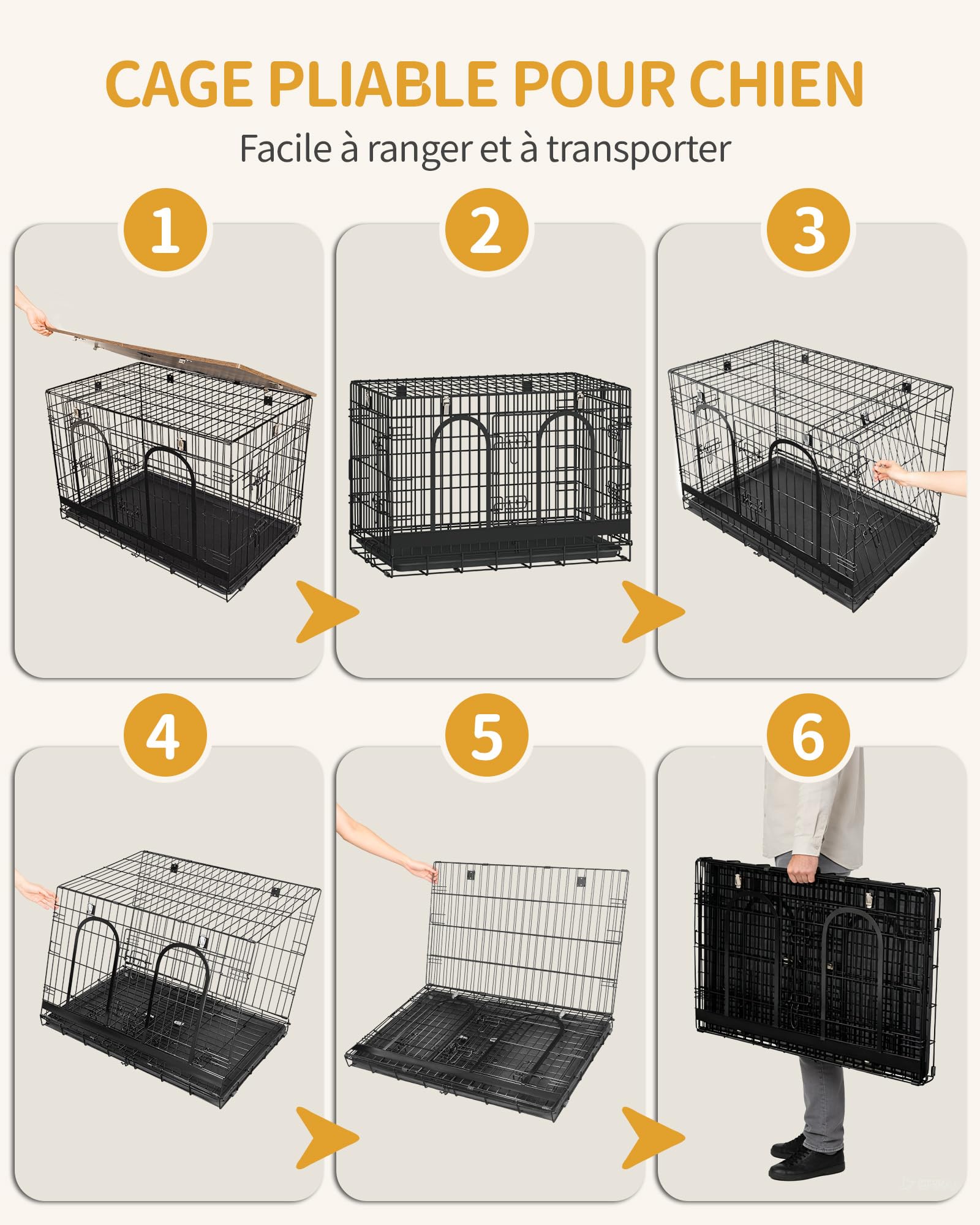 Hzuaneri Cage pour Chien, 94 cm Meuble Cage Chien en Fil, Noir Marron | Cage Épaissie Usage Intérieur/Extérieur, Pliable avec plateau, Taille L pour Chiens Petits/Moyens, 94 × 60 × 64 cm, DFC98501B