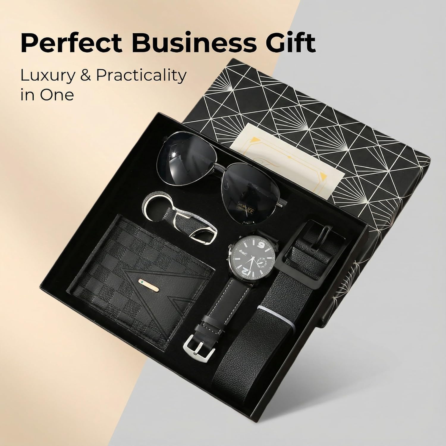 Men's 6-Piece Premium Business Gift Set - Luxury Leather Watch, Wallet, Belt, Sunglasses & Keychain Box Set for Birthday, Father's Day, Gifts for Him
