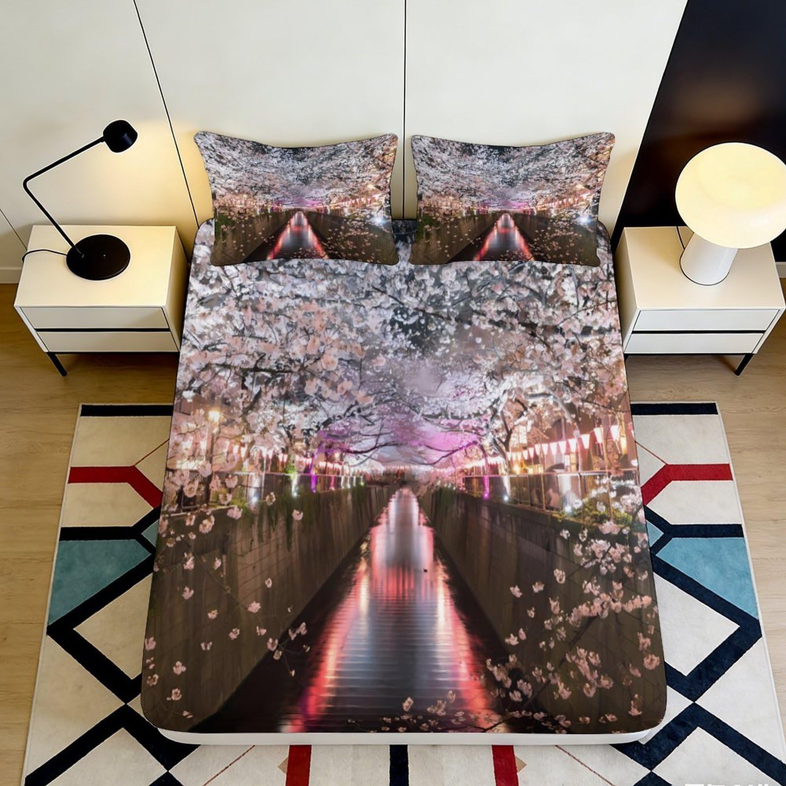 3D Printed Cherry Blossom Night Fitted Sheet Microfiber Soft Anti-Slip River Reflection Bed Cover for Bedroom Dorm Decor 90x200x25cm