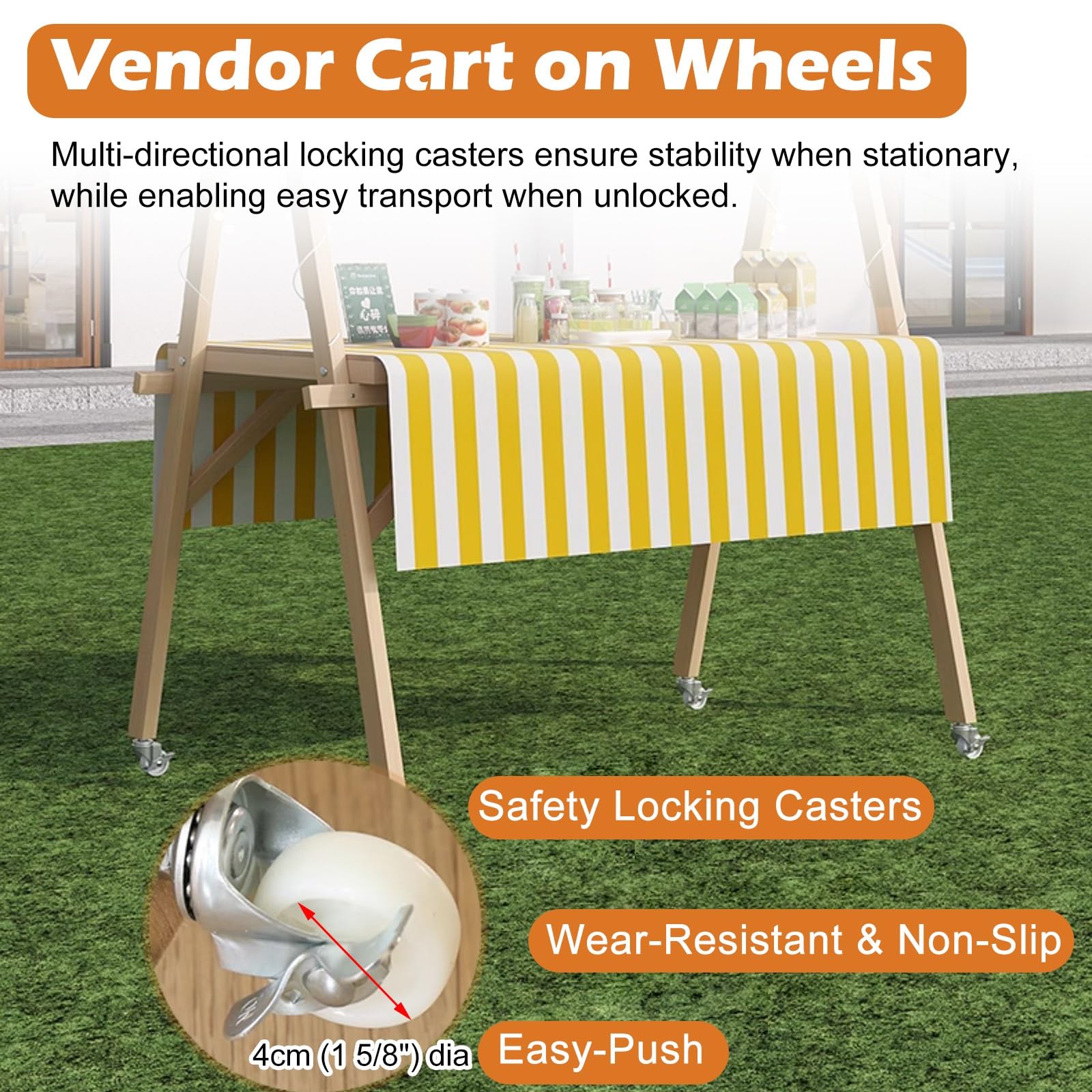 Carritos de Mercado, caseta Plegable de Madera para concesiones en mercados agrícolas y ferias, Carrito móvil con Ruedas, Puesto Playero (Amarillo, 140 cm de Ancho)