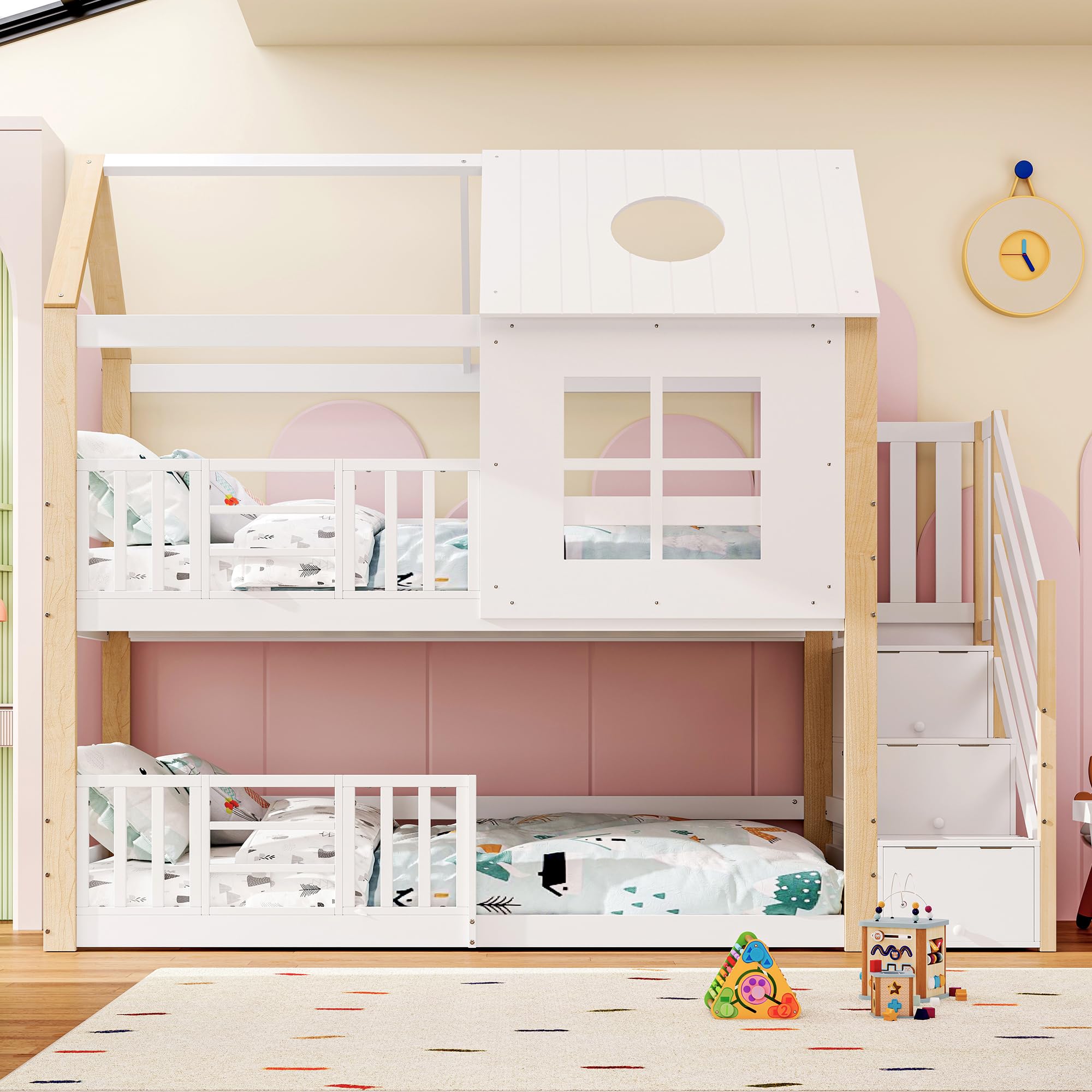 Lit cabane Enfants 90x200 Lit superposé Enfant lit Double lit Simple Maison d'arbre avec Tableau de Rangement et Protection Anti Chute 2 sommiers à Lattes Naturel, sans Matelas (Blanc-35W, 90x200cm)