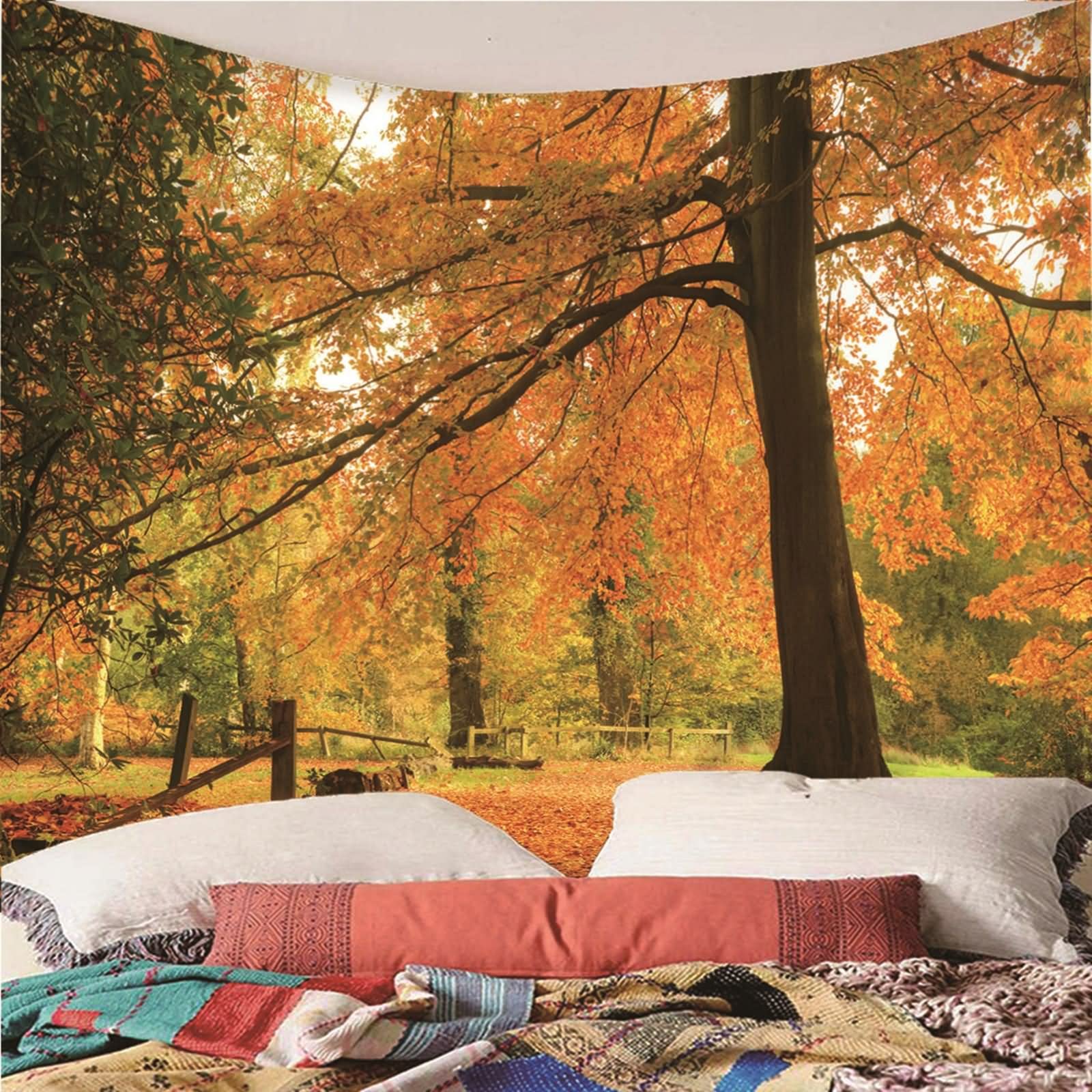 Tapices Salon, Decoración Navideña Hogar Bosque de Arce Poliéster Naranja 150x130CM Regalo Mujer