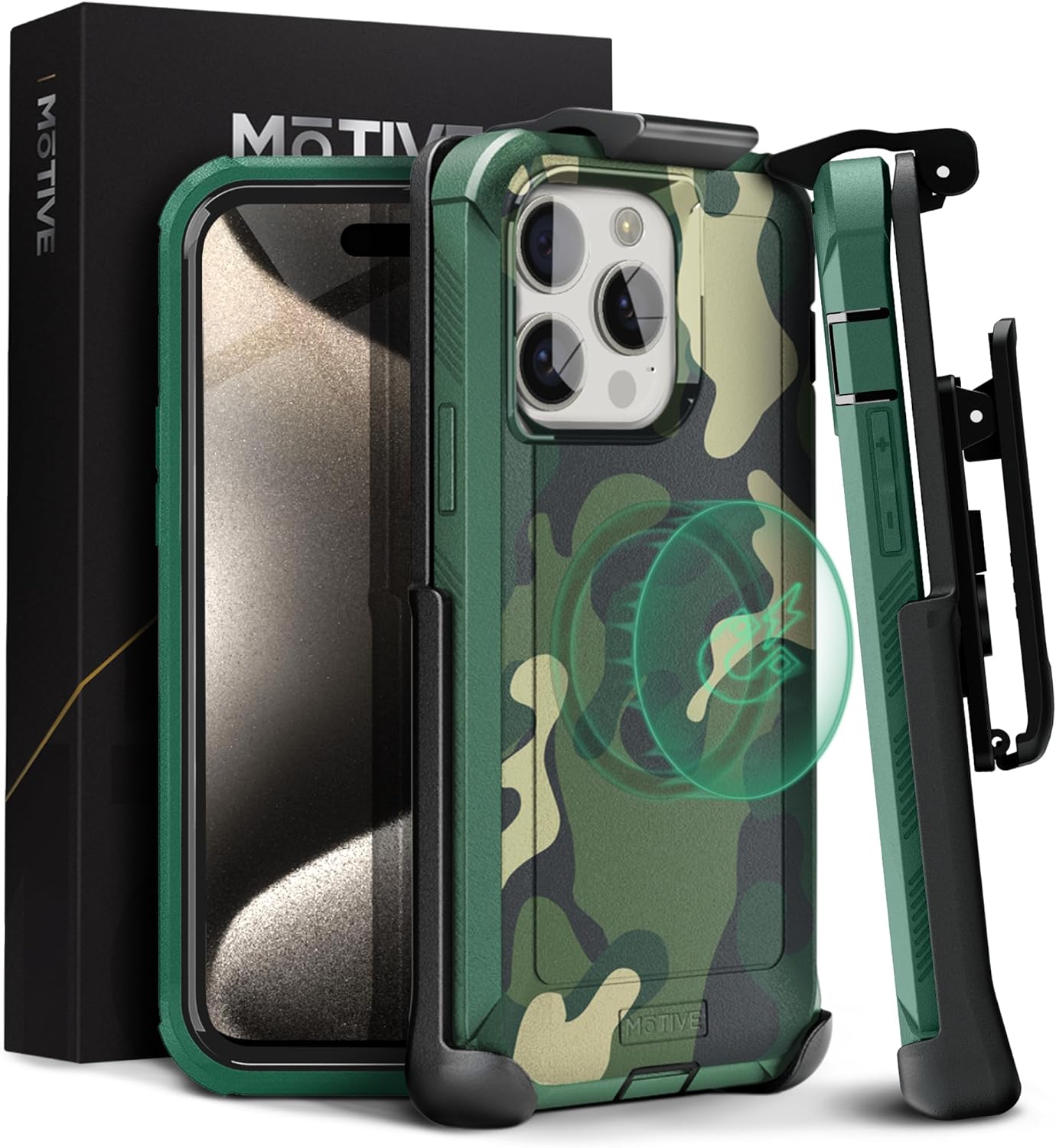 MOTIVE for iPhone 15 Pro Max Case with Belt Clip, Magnetic Case Magsafe Compatible, Heavy Duty and Quad Layer Military Grade Protection, 6.7" | Green Camo