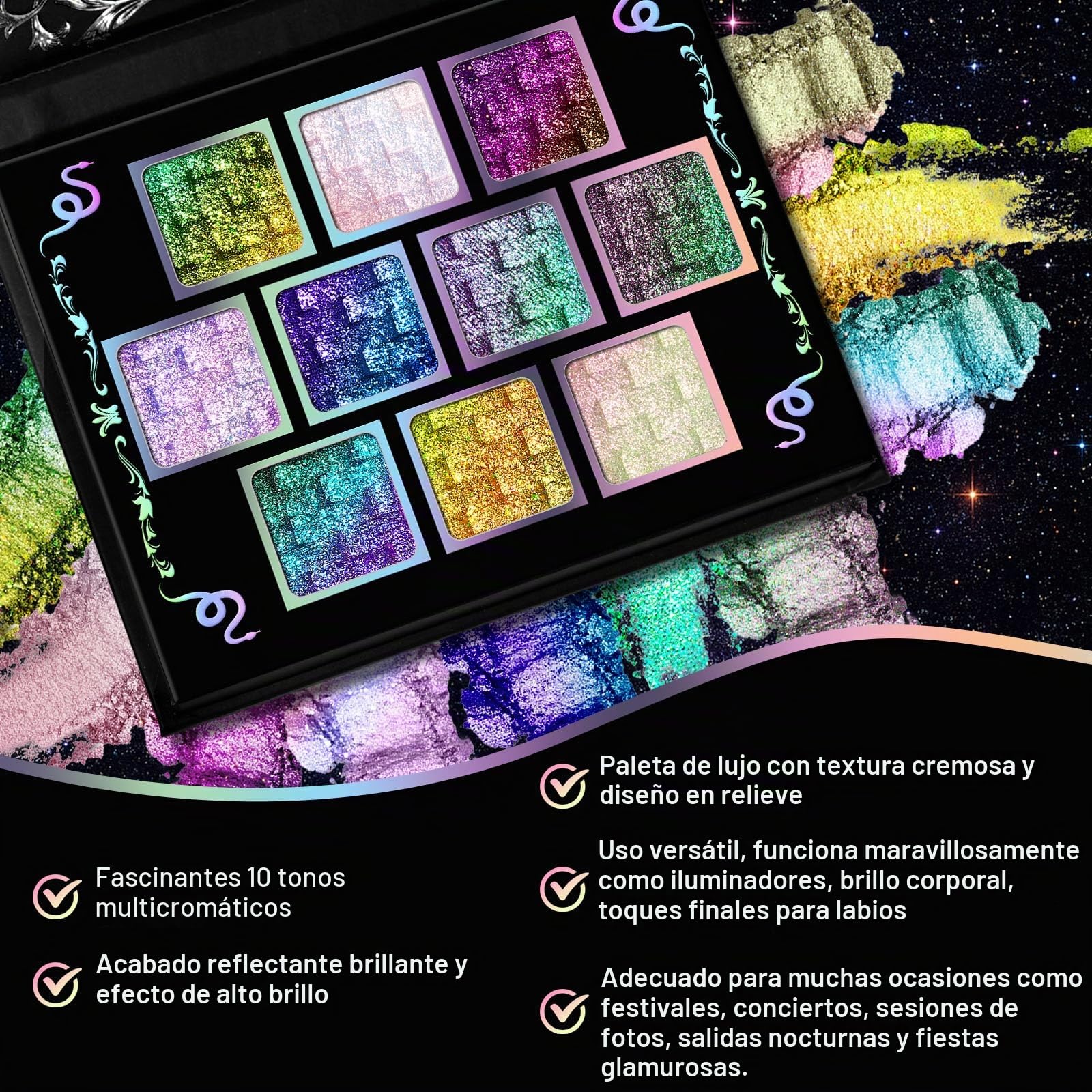 UCANBE Paleta Sombras Camaleón Multicromática 10 Tonos(Solar Python) | Sombras Metálicas Holográficas Brillantes Multiusos