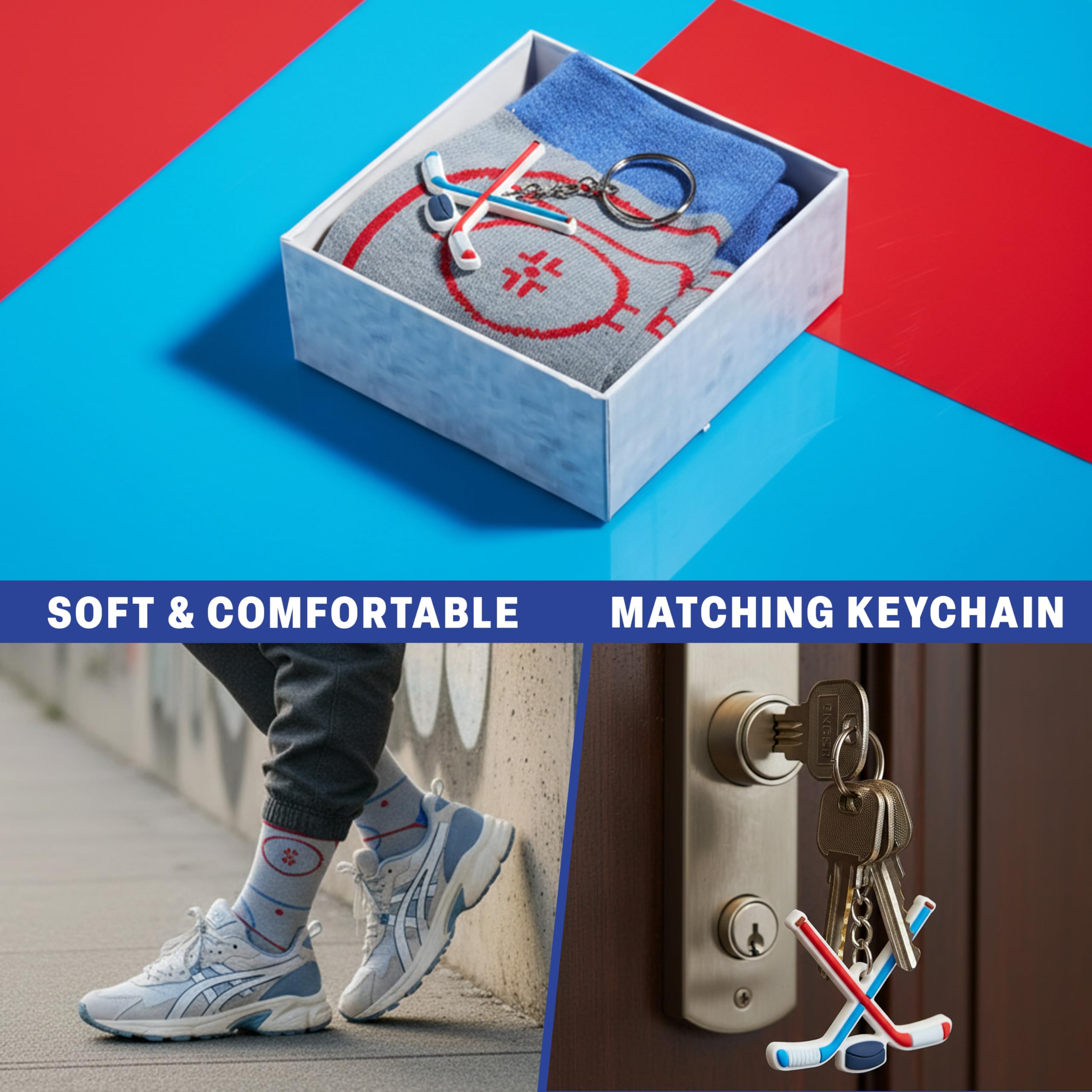 Get Trend Ice Hockey Mens Socks With Keychain Set Funny Hockey Accessories, Gifts for Him, Husband, Boyfriend (8/13 US, Grey Hockey)