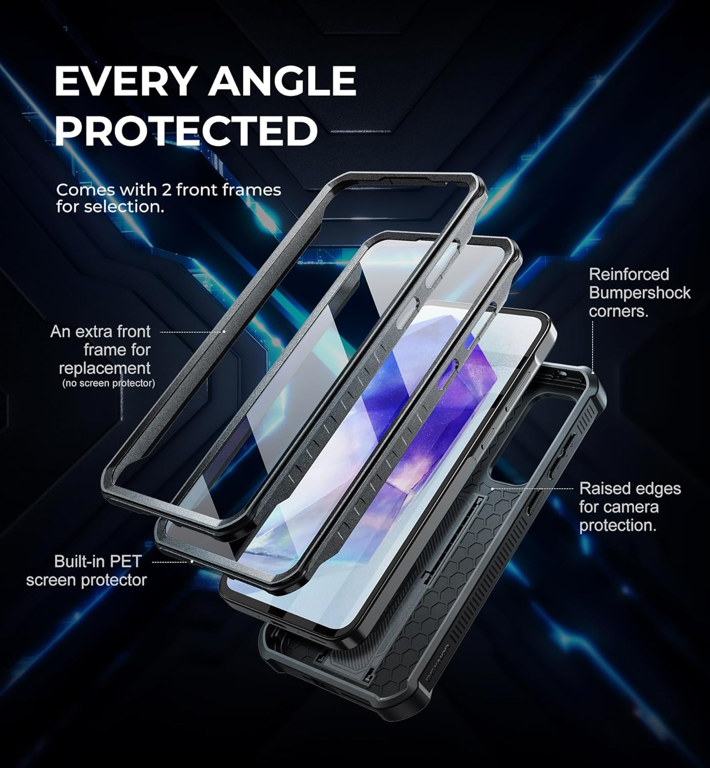 Dexnor for Samsung Galaxy A35-5G Case, [2 Front Frame] [Bulit-in Slide Camera Cover & Kickstand] Heavy Duty Military Grade Protection Shockproof Phone Case with Screen Protector, 6.6 inch Black