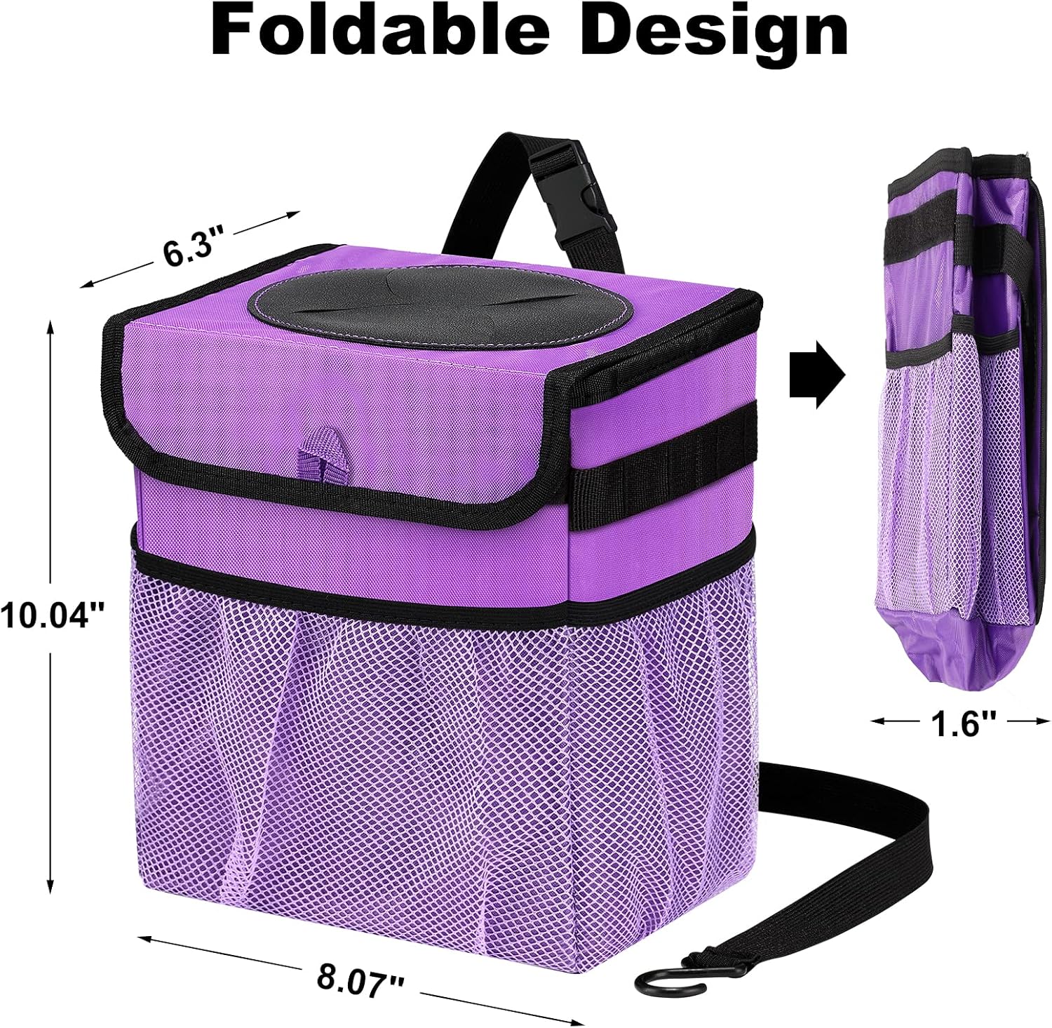 Car Trash Can Foldable Garbage Bin Leakproof 2.3 Gallons Car Trash Bag Purple