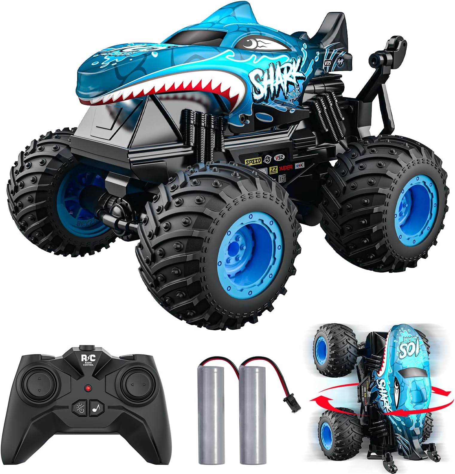 ACAMMZAR RC Car, Monster Truck Radio Control, 2.4GHz 20+km/h RC Stunt Car, Crawler Trucks with LED Light and Music, Toy for 4 6 8 9 12 Years Adult, Blue