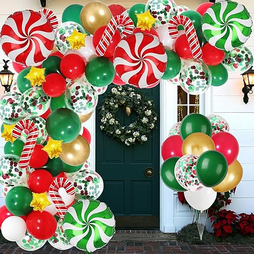 Christmas Balloon Garland Arch Kit with 142 PCS, Christmas Party Decorations Indoor Xmas Red Green White Gold Candy Canes Star Confetti Balloons for Outdoor Navidad Decor Set Supplies