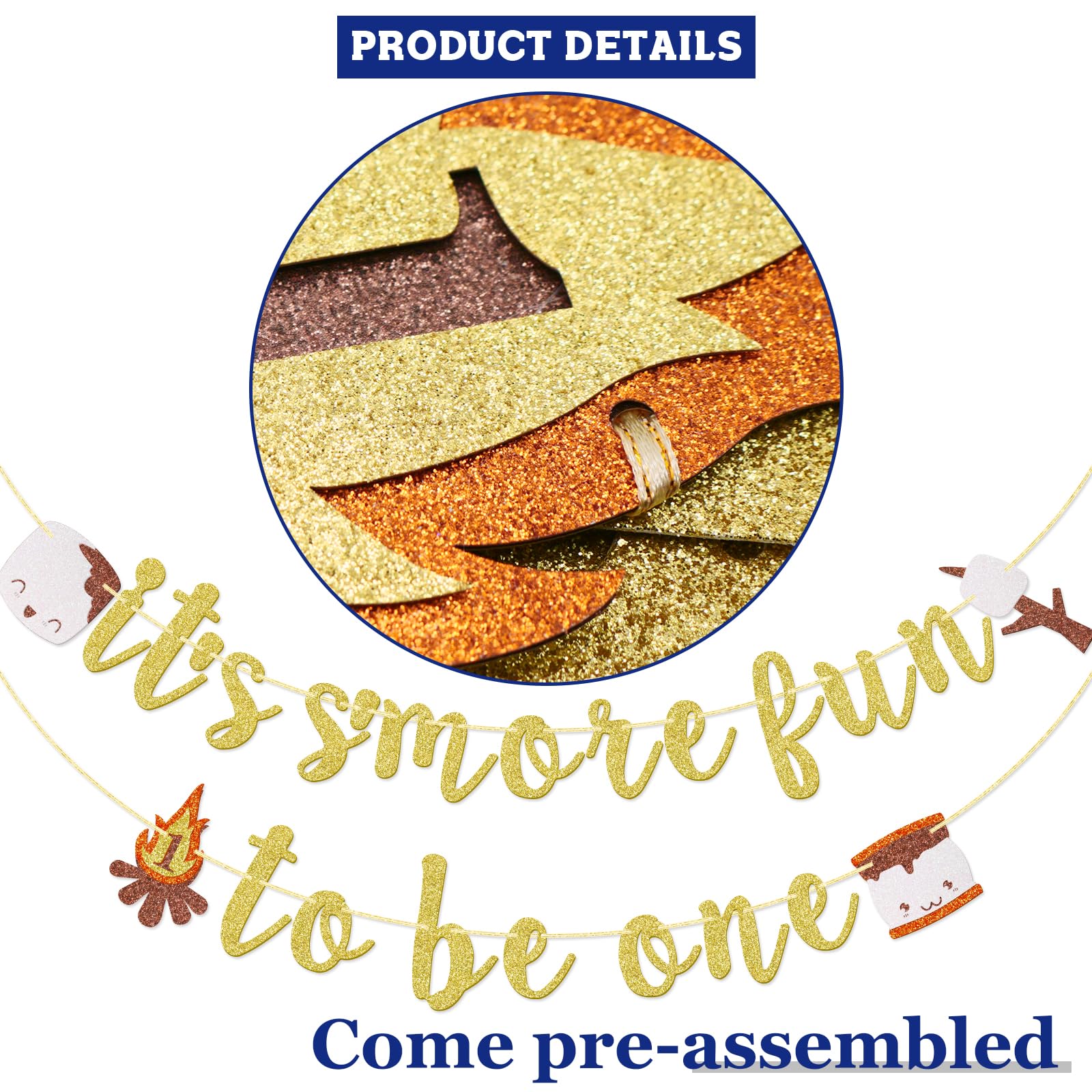 Geburtstags Banner „It's S'more Fun To Be One“ – Camping Design, Gold Glitzer, Für 1. Geburtstag